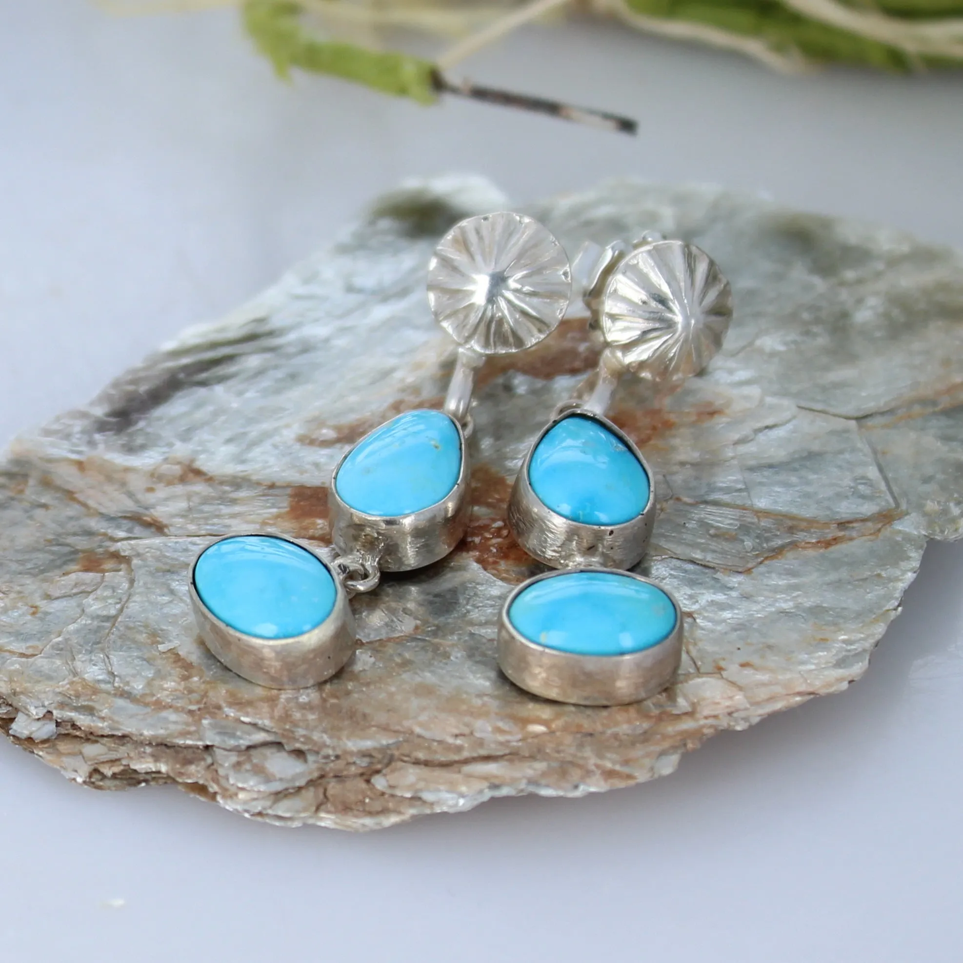 Blue Bird Nevada Turquoise Sterling Earrings 2 Stone Dangles