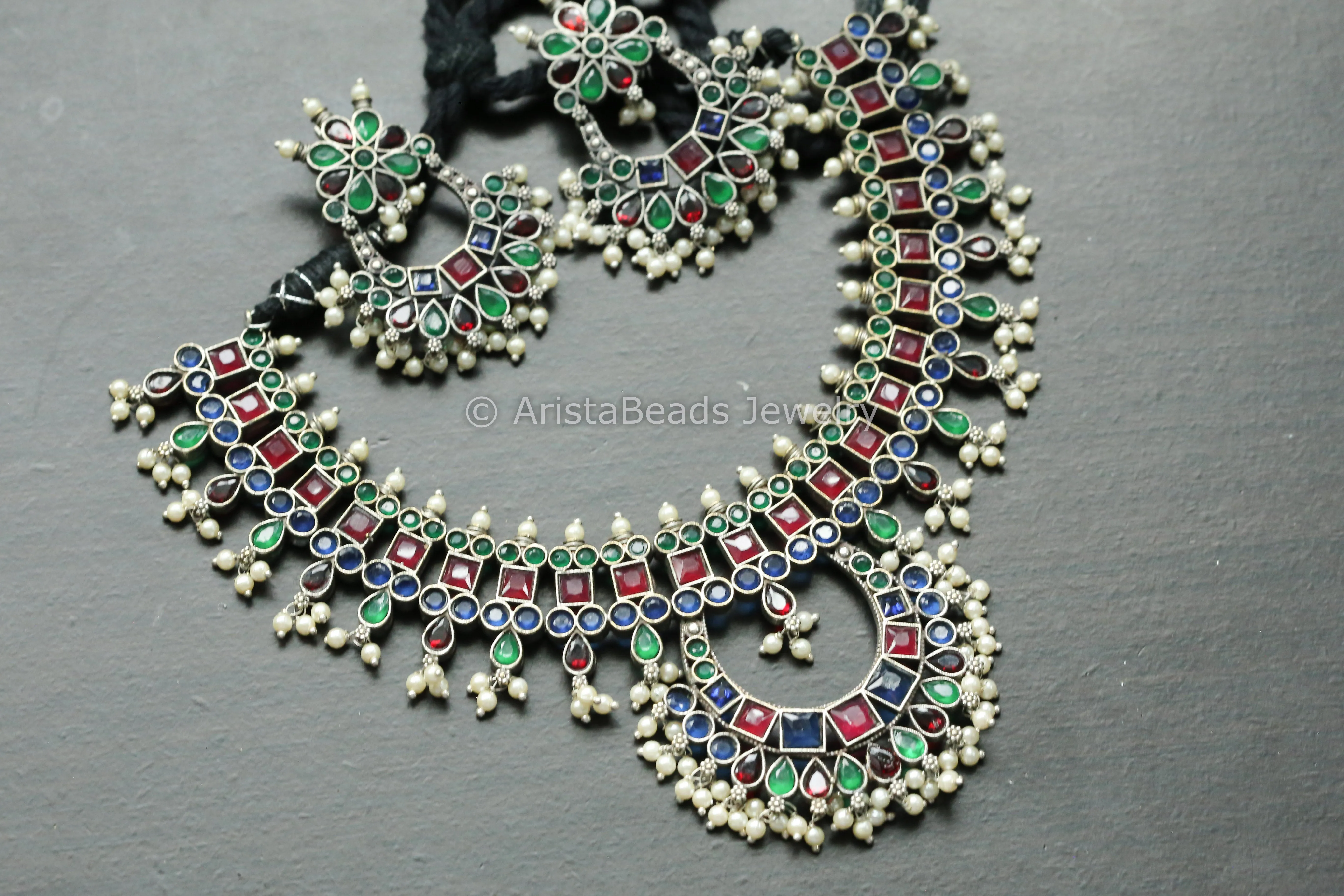 Blue Green Red CZ Oxidized Chandbaali Necklace Set