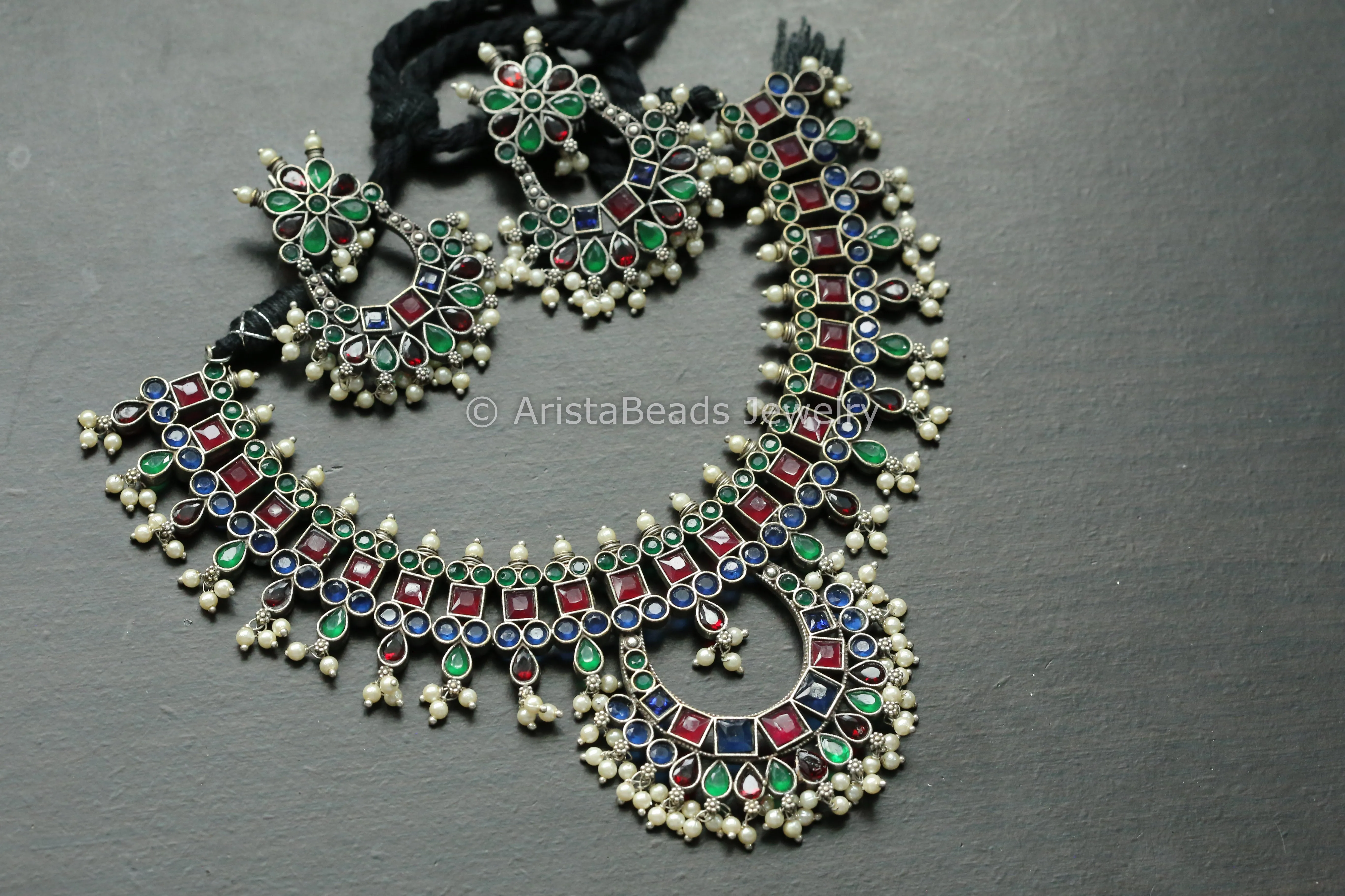 Blue Green Red CZ Oxidized Chandbaali Necklace Set