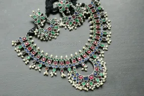 Blue Green Red CZ Oxidized Chandbaali Necklace Set