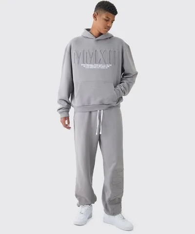 boohooMAN Mens Tall Oversized MMXIII Embossed Hooded Tracksuit