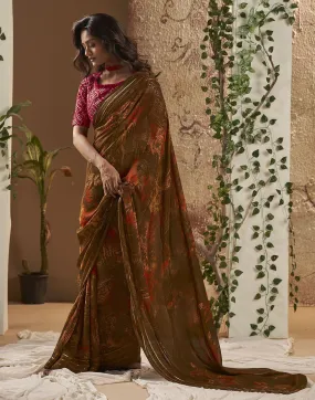 Brown Printed Georgette Saree