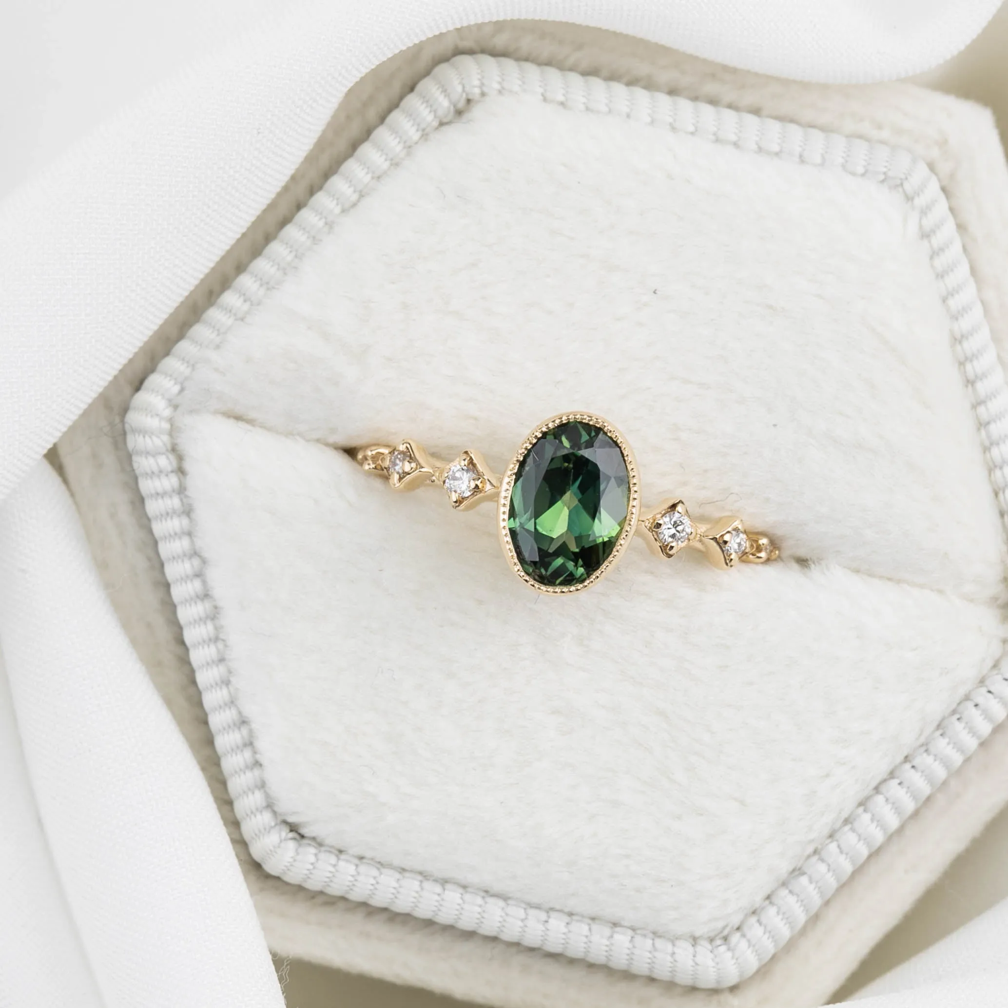 Celeste Ring 1.03ct Green Oval Queensland Sapphire, 14K Yellow Gold (One of a kind)