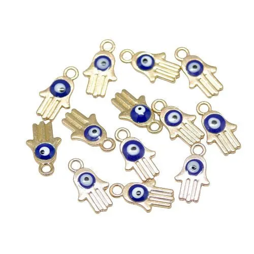 Charms, Hamsa, Hand, Evil Eye, Symbol, Gold Plated, Alloy, White, Blue, Enamel, 14.5mm