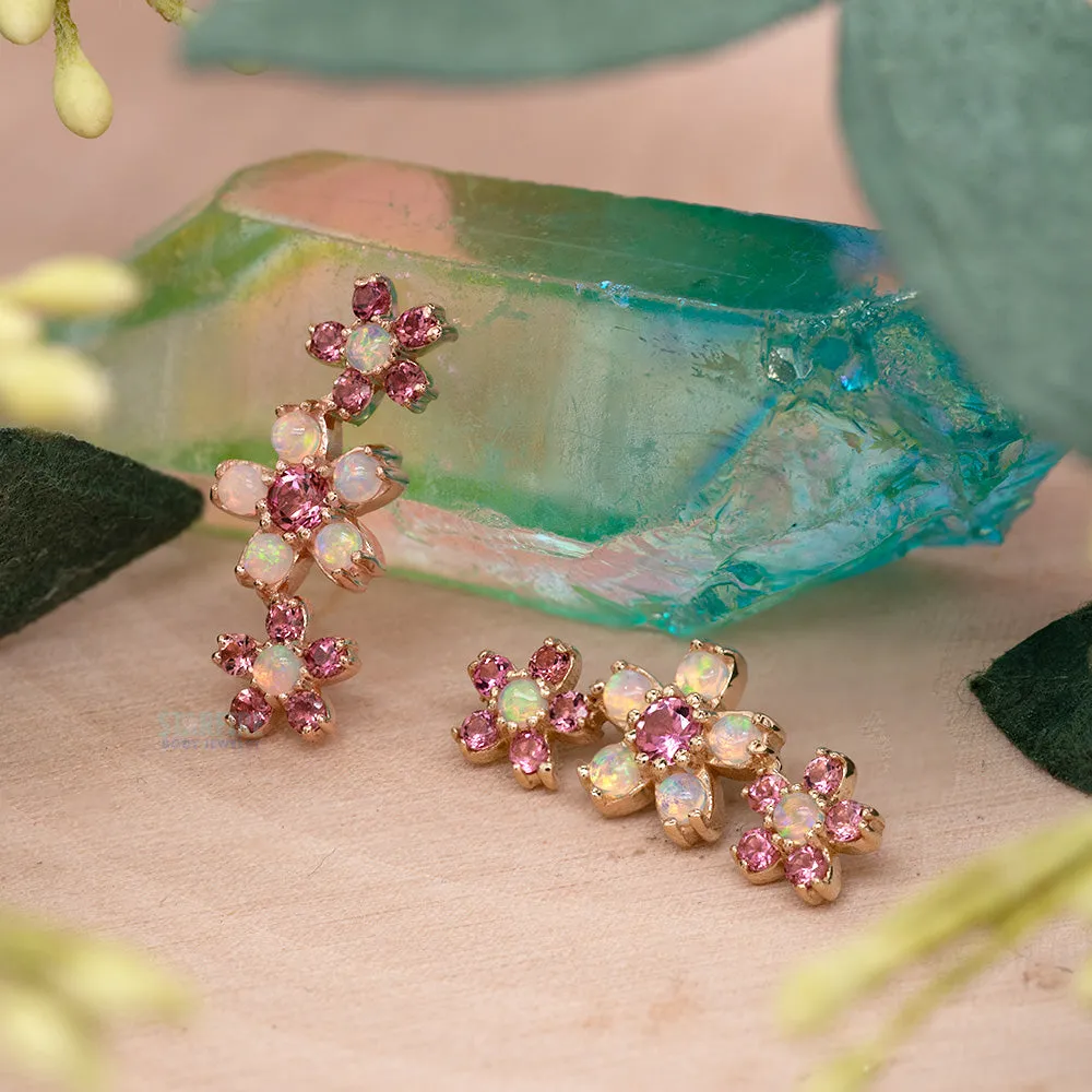 Cherry Blossom Cluster Threaded End in Gold with Genuine White Opals & Pink Tourmaline