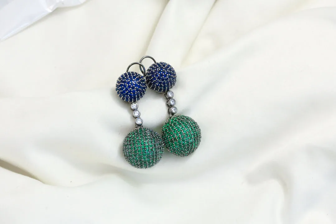 Contemporary Pave Setting Ball Earrings -Blue Green