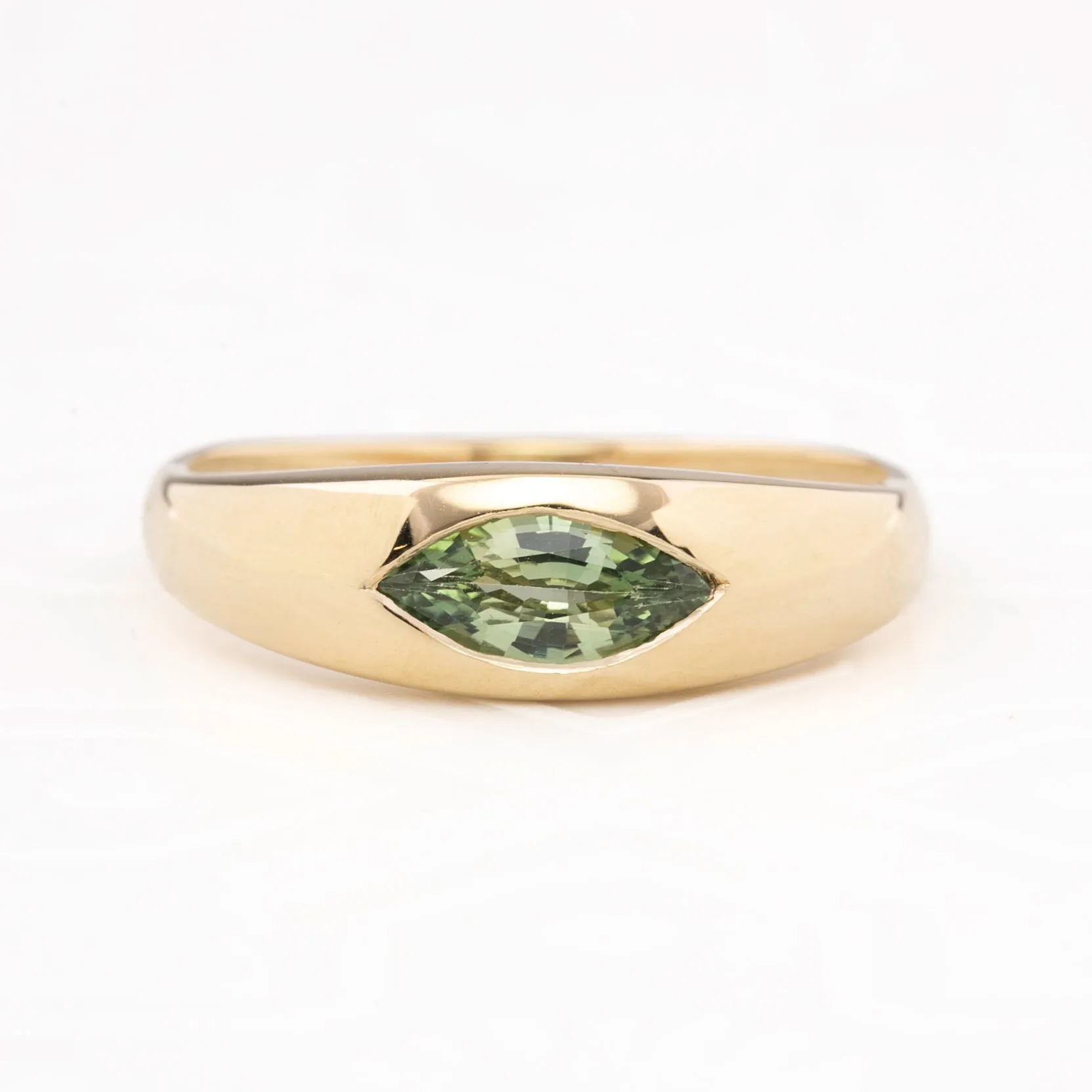 Dome Ring 0.61ct Light Green Madagascar Sapphire, 14k Yellow Gold (One of a kind)