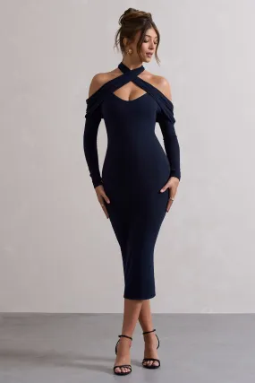 Duet | Navy Rib Knit Halter-Neck Midi Dress With Cut-Out