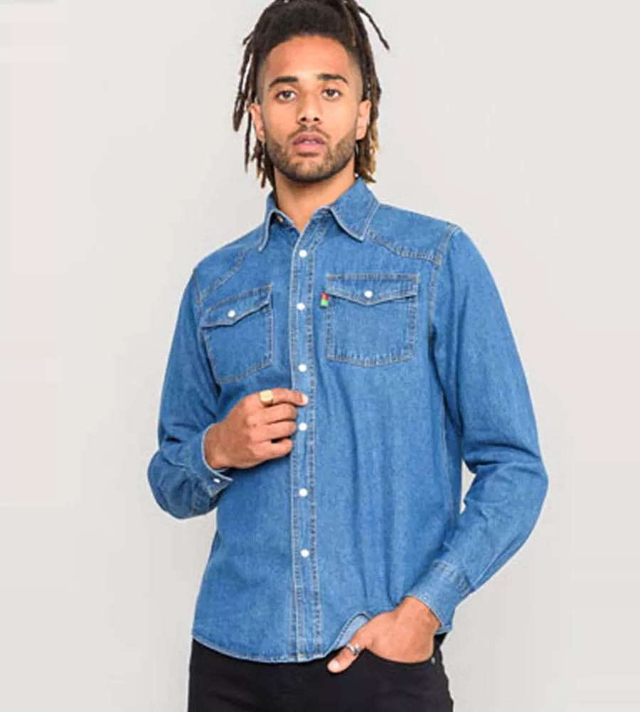 Duke Mens Long Sleeve Blue Denim Shirt Western Style (WESTERN  BLUE STONEWASH)