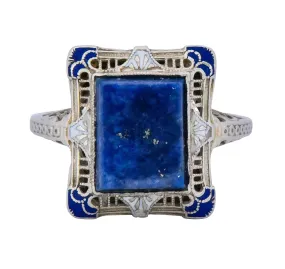 Edwardian Lapis Lazuli Enamel 14 Karat White Gold Dinner Ring