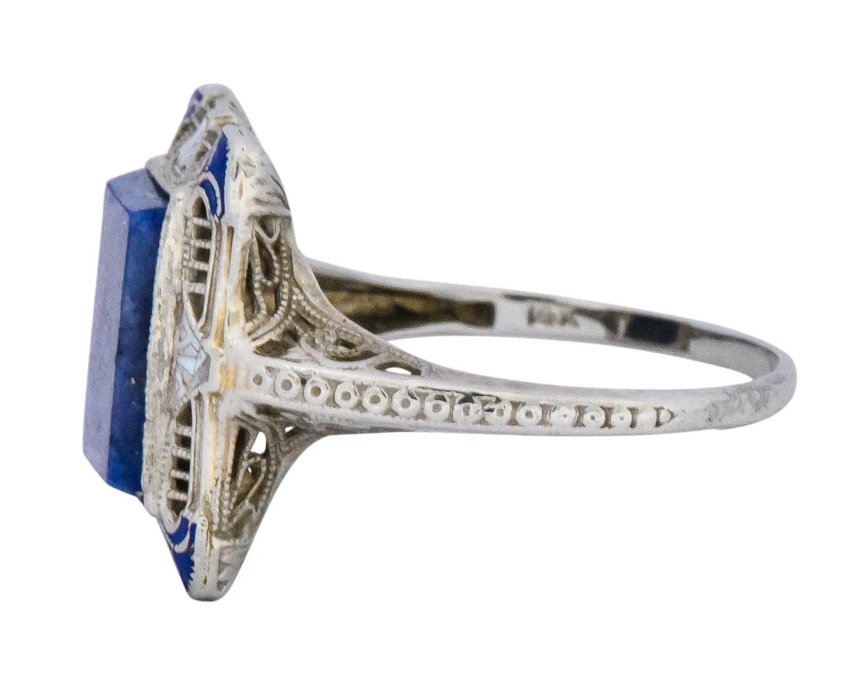 Edwardian Lapis Lazuli Enamel 14 Karat White Gold Dinner Ring