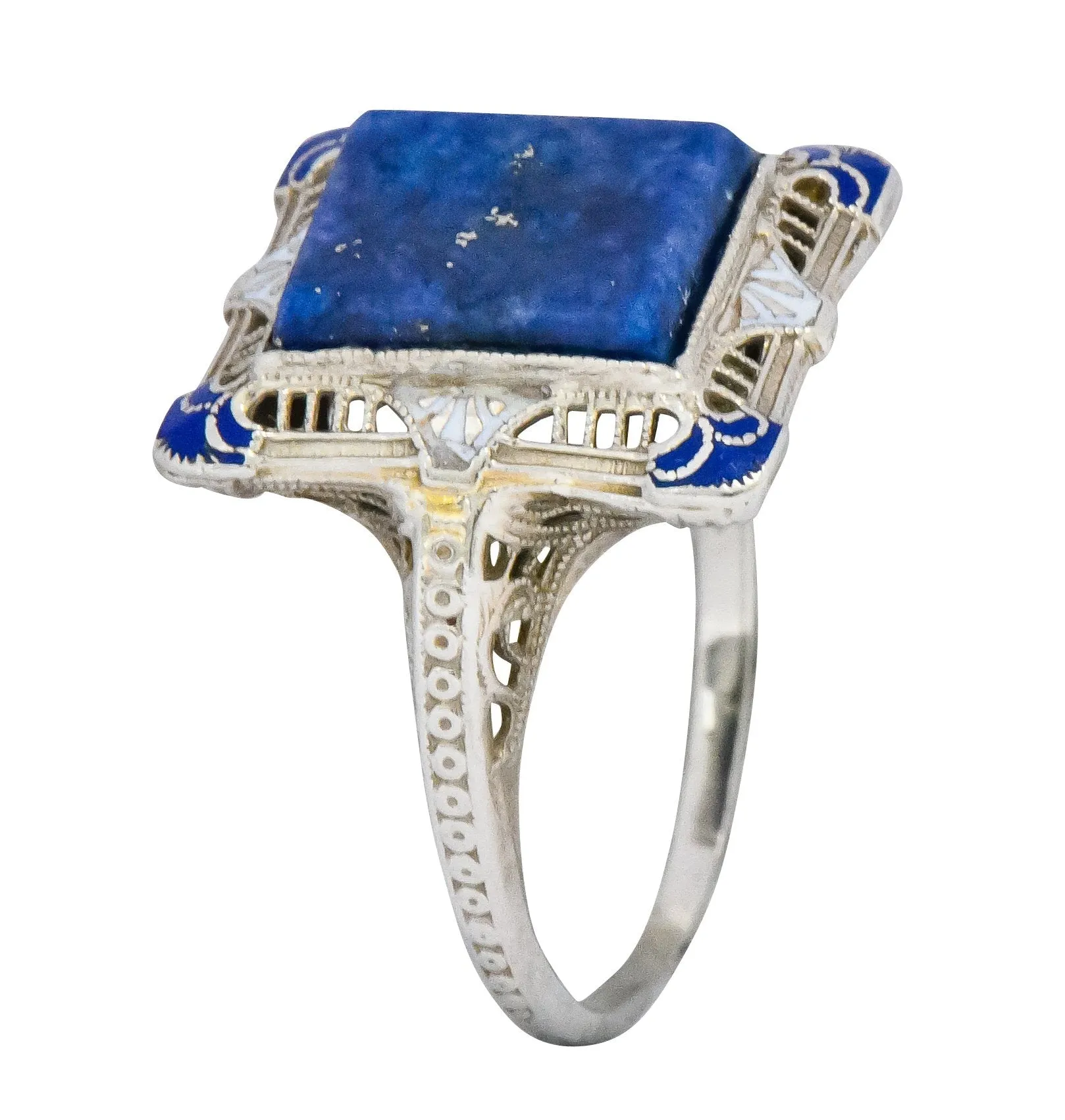 Edwardian Lapis Lazuli Enamel 14 Karat White Gold Dinner Ring