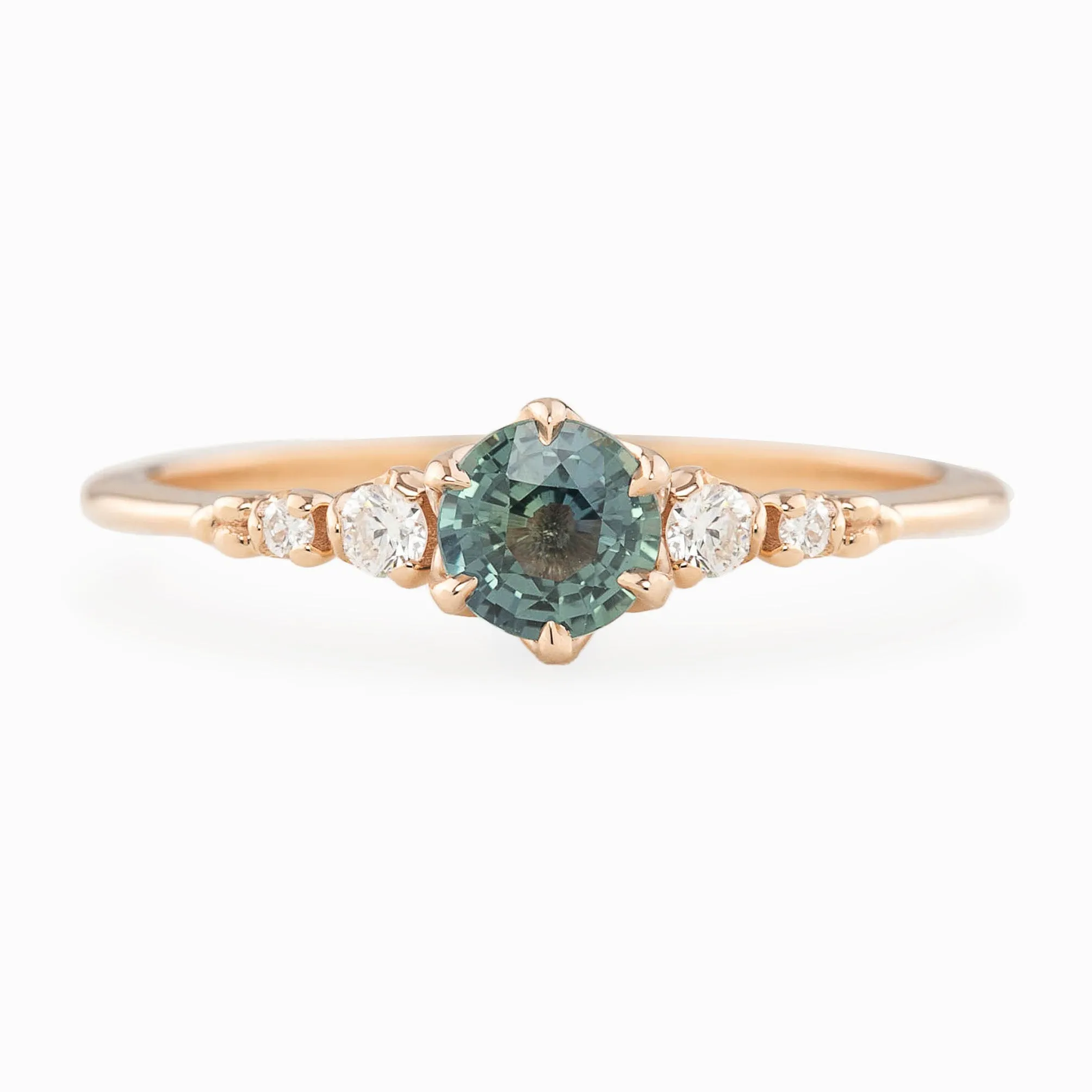 Estel Fleur Ring 4.7mm 0.55ct Blue Green Round Unheated Sapphire, 14k Rose Gold