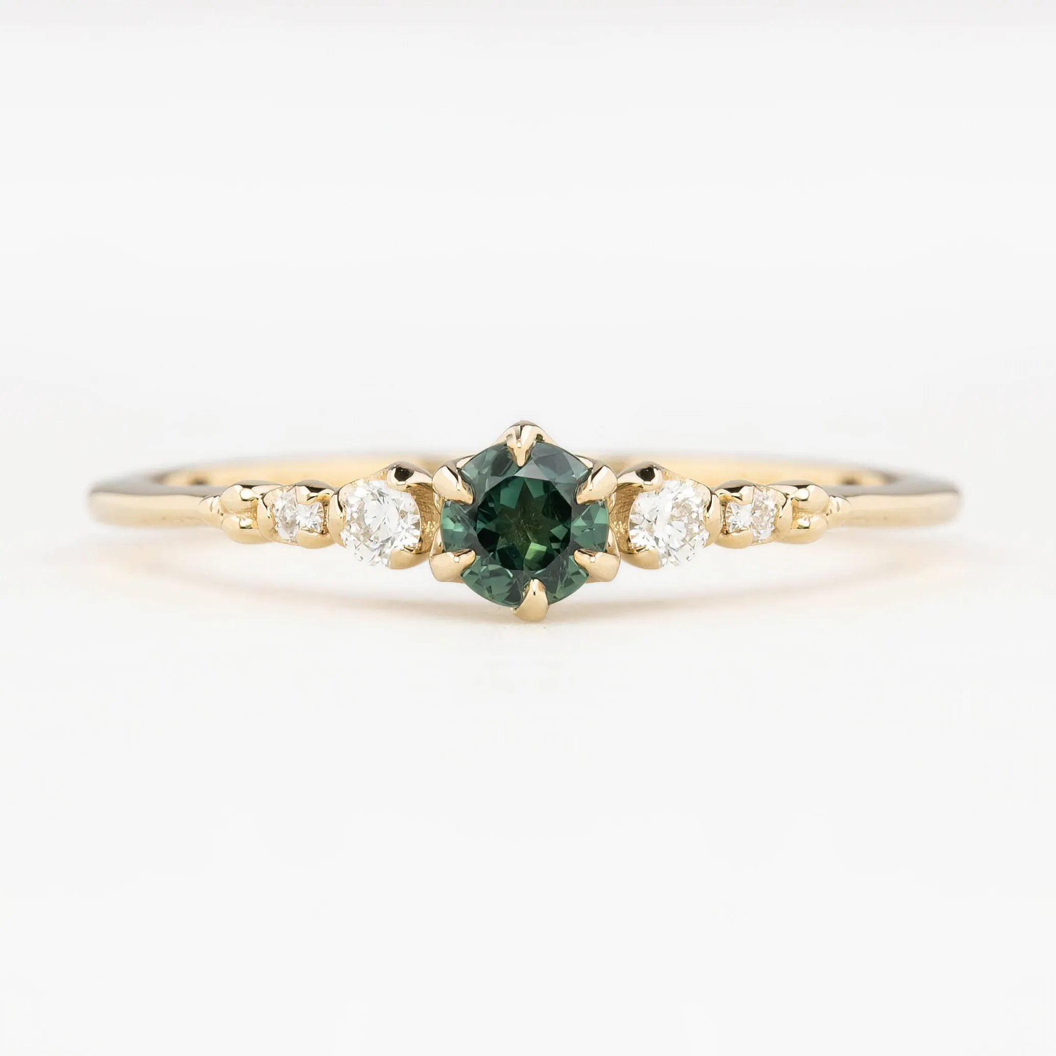 Estel Fleur Ring 4mm 0.30ct Blue Green Round Queensland Sapphire, 14K Yellow Gold