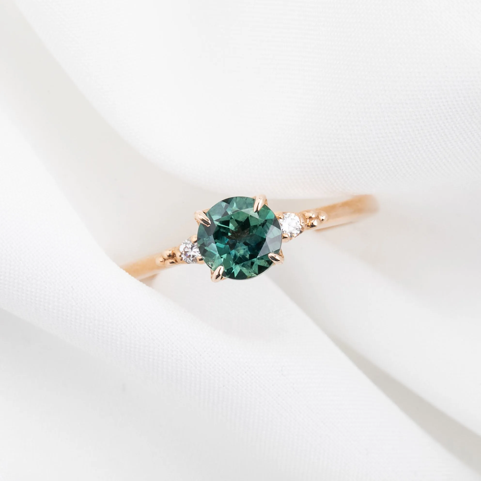 Estel Ring 1.03ct Peacock Green Round Montana Sapphire, 14K Rose Gold (One of a kind)