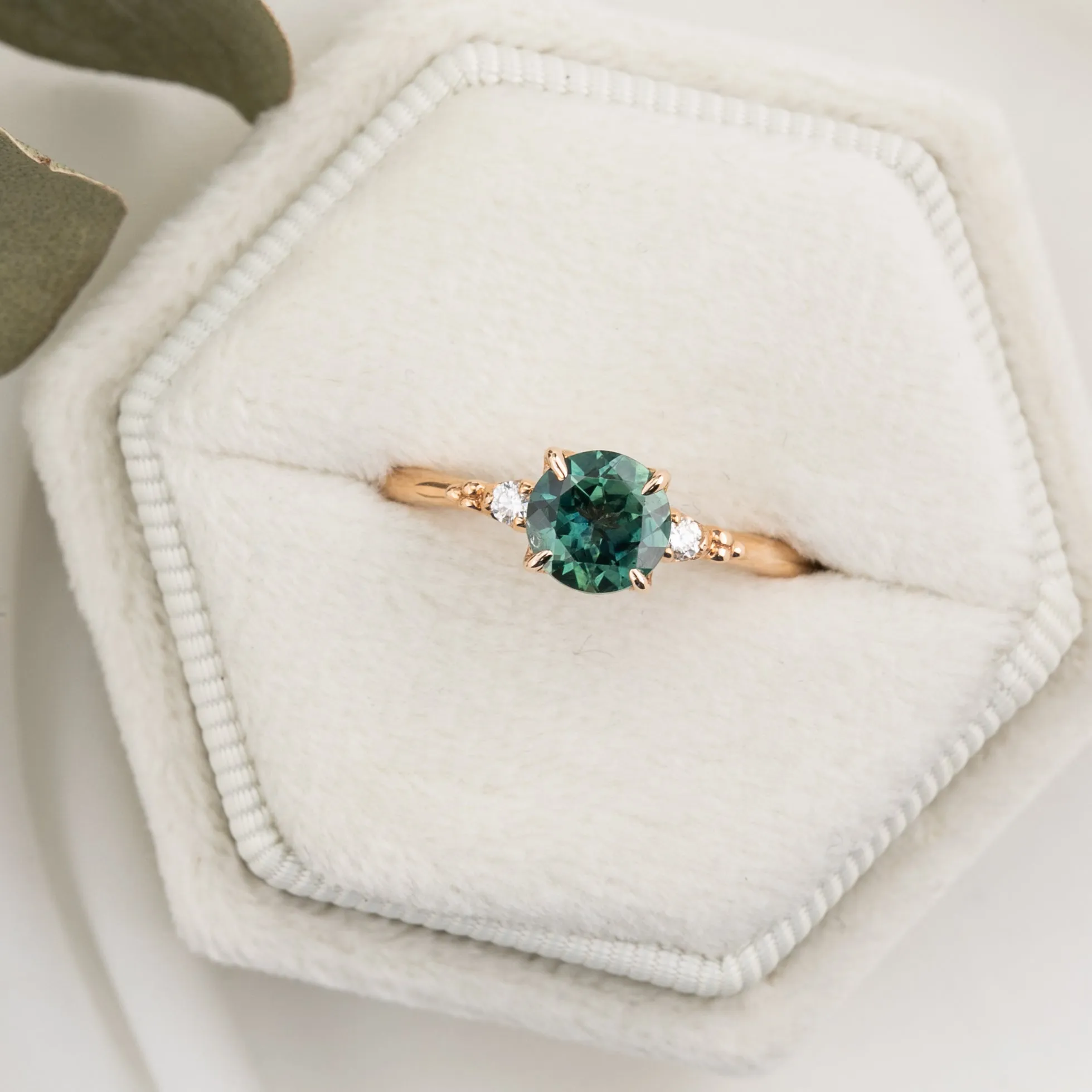 Estel Ring 1.03ct Peacock Green Round Montana Sapphire, 14K Rose Gold (One of a kind)