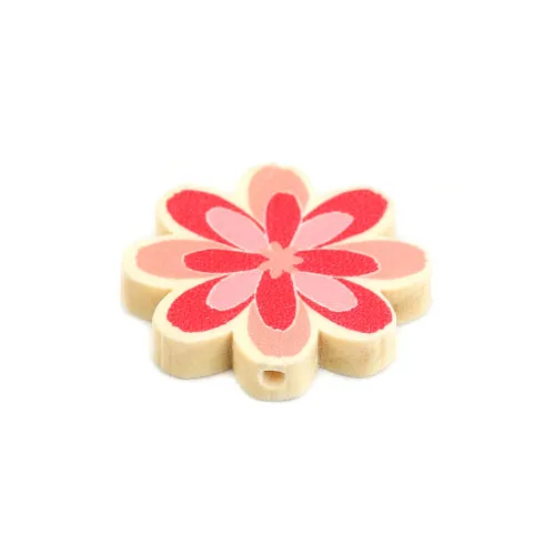 Flower Wood Beads, Printed, Pink, 29mm