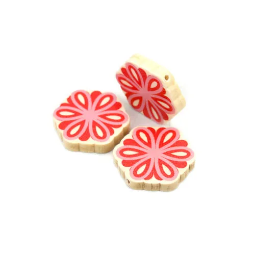 Flower Wood Beads, Printed, Pink, Red, 28mm