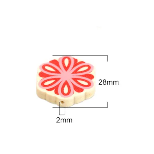 Flower Wood Beads, Printed, Pink, Red, 28mm