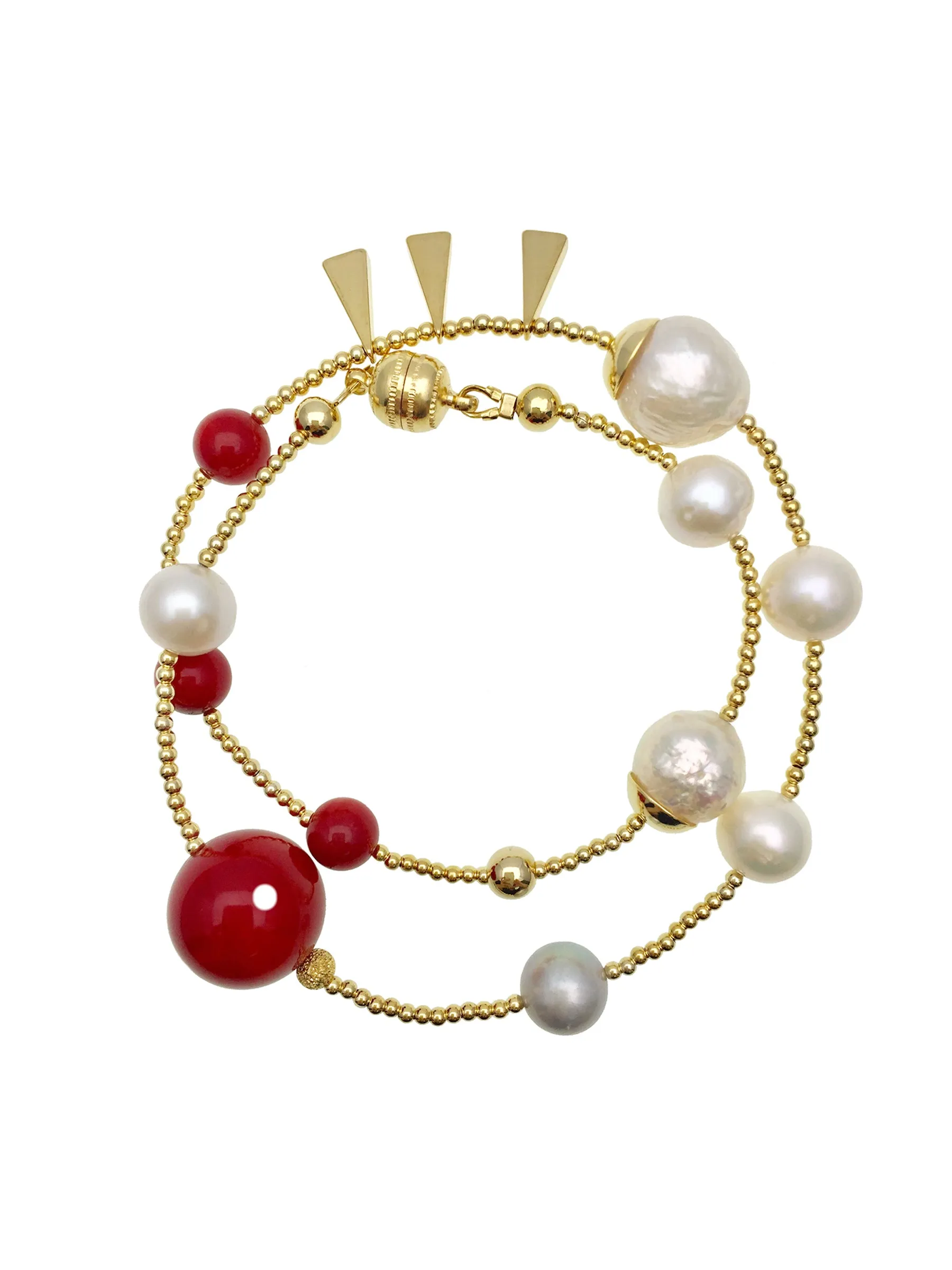 Freshwater Pearls With Red Coral Double Wrapped Bracelet AB005