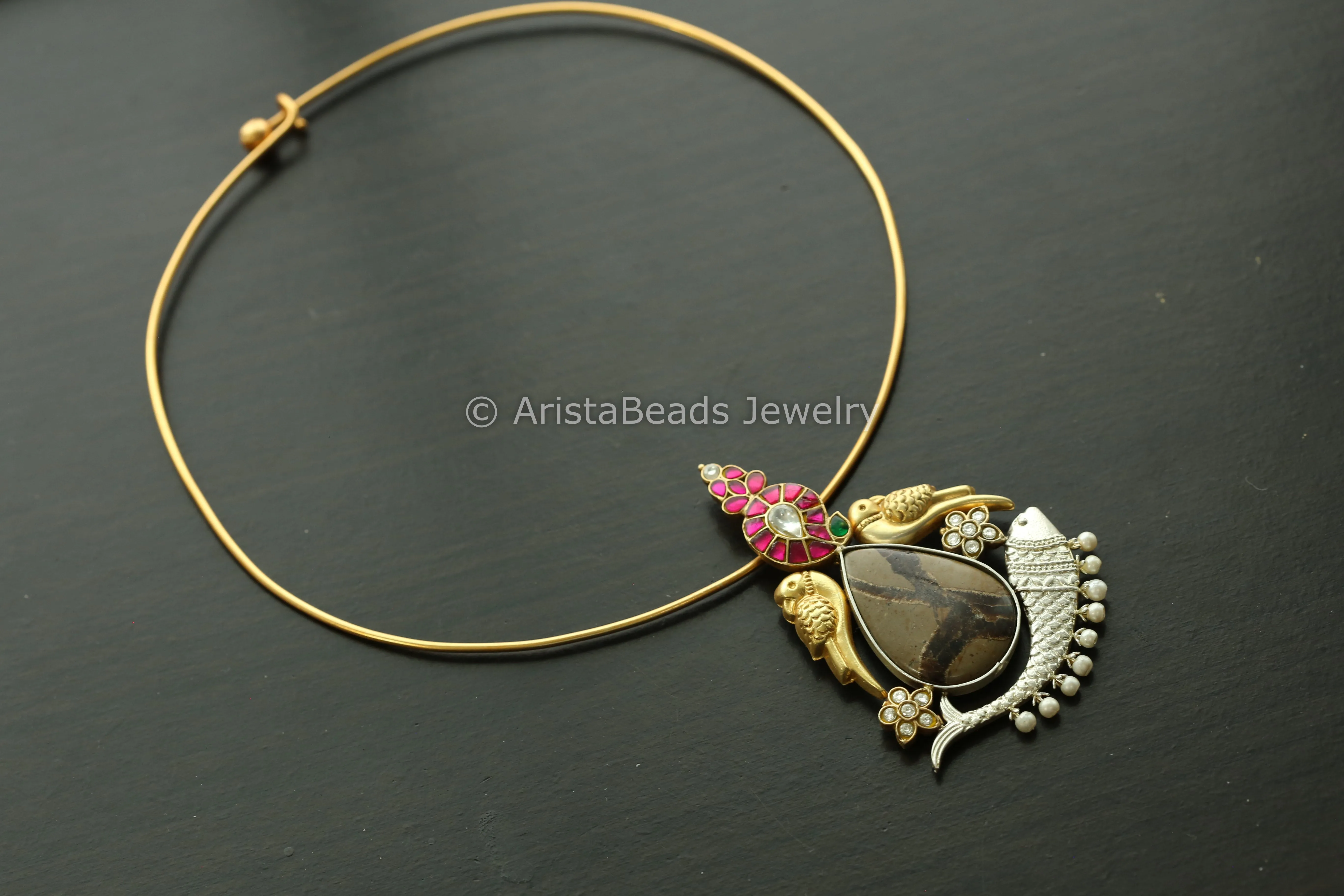 Fusion Jadau Kundan Hasli Necklace - Brown Stone