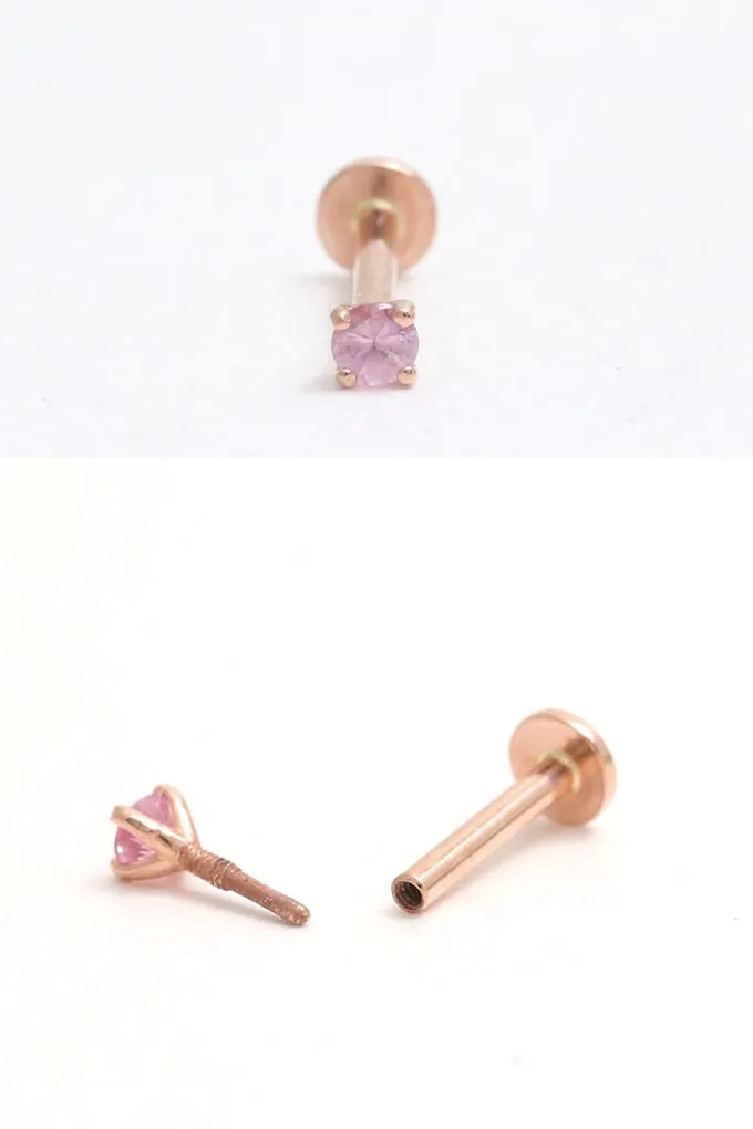 Genuine Pink Sapphire 4 Prongs 14K Solid Gold Ear Tragus, Cartilage, Conch, Helix, Lobe Internally Threaded Flat Back Labret Ear