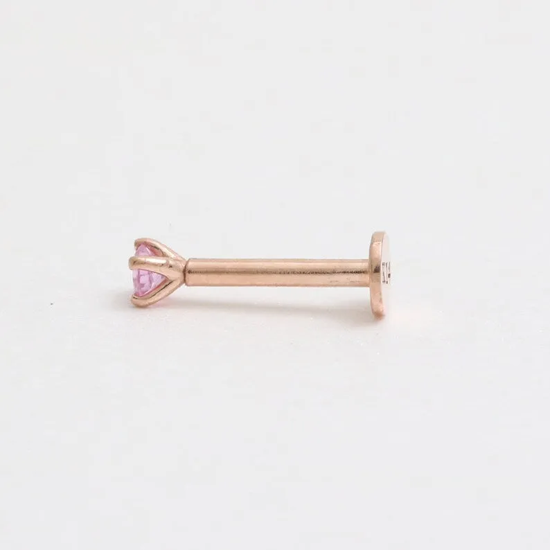 Genuine Pink Sapphire 4 Prongs 14K Solid Gold Ear Tragus, Cartilage, Conch, Helix, Lobe Internally Threaded Flat Back Labret Ear