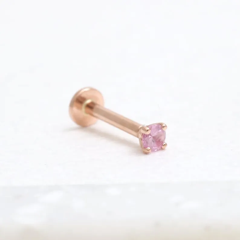 Genuine Pink Sapphire 4 Prongs 14K Solid Gold Ear Tragus, Cartilage, Conch, Helix, Lobe Internally Threaded Flat Back Labret Ear