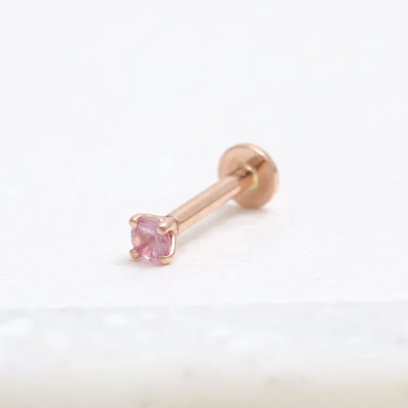 Genuine Pink Sapphire 4 Prongs 14K Solid Gold Ear Tragus, Cartilage, Conch, Helix, Lobe Internally Threaded Flat Back Labret Ear