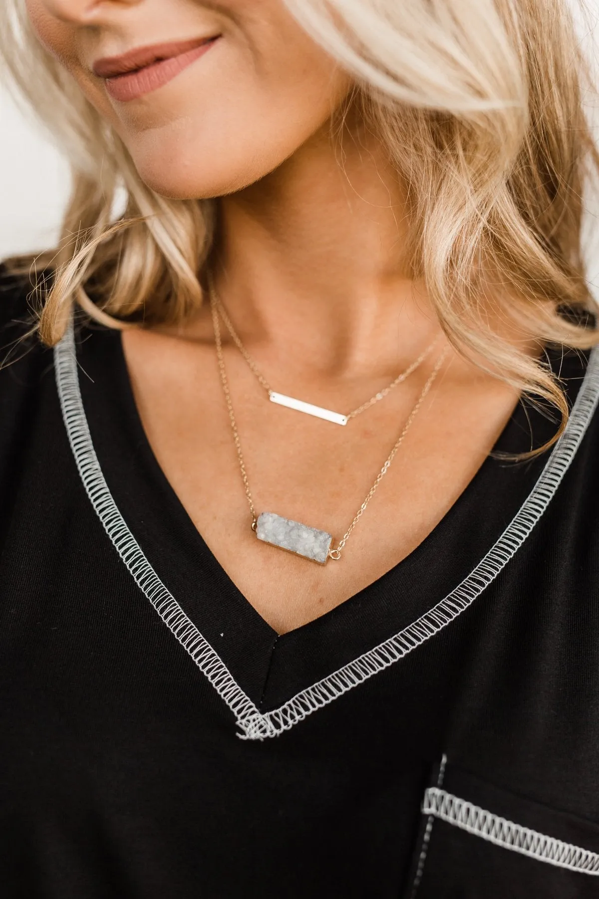 Gold Bar & Rectangle Stone Necklace- Smokey Grey