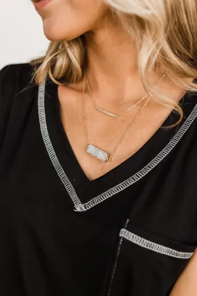 Gold Bar & Rectangle Stone Necklace- Smokey Grey