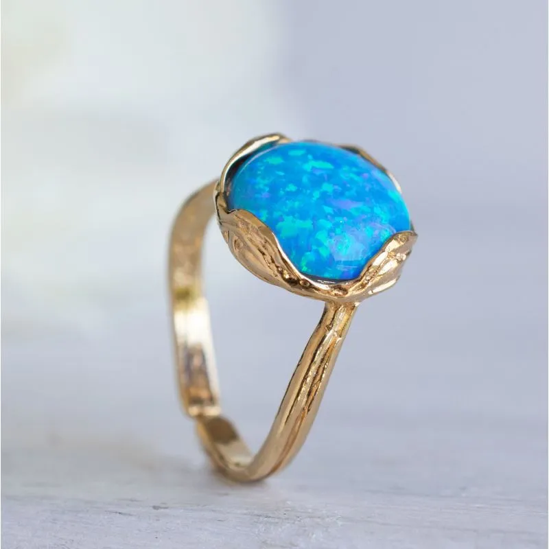 Gold Plated Blue Opal Sizable Large Statement Ring