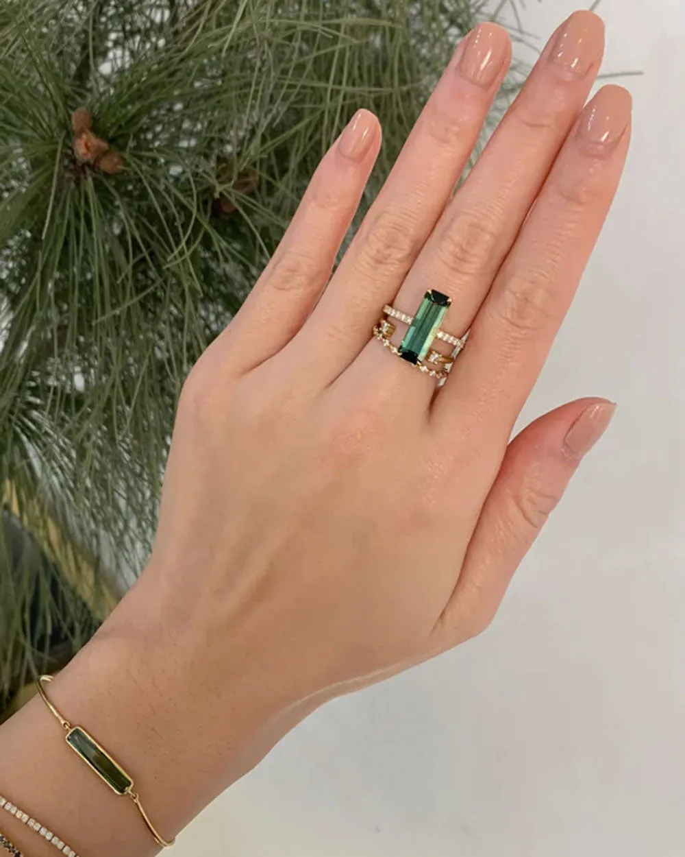 Green Tourmaline and Diamond Bar Ring