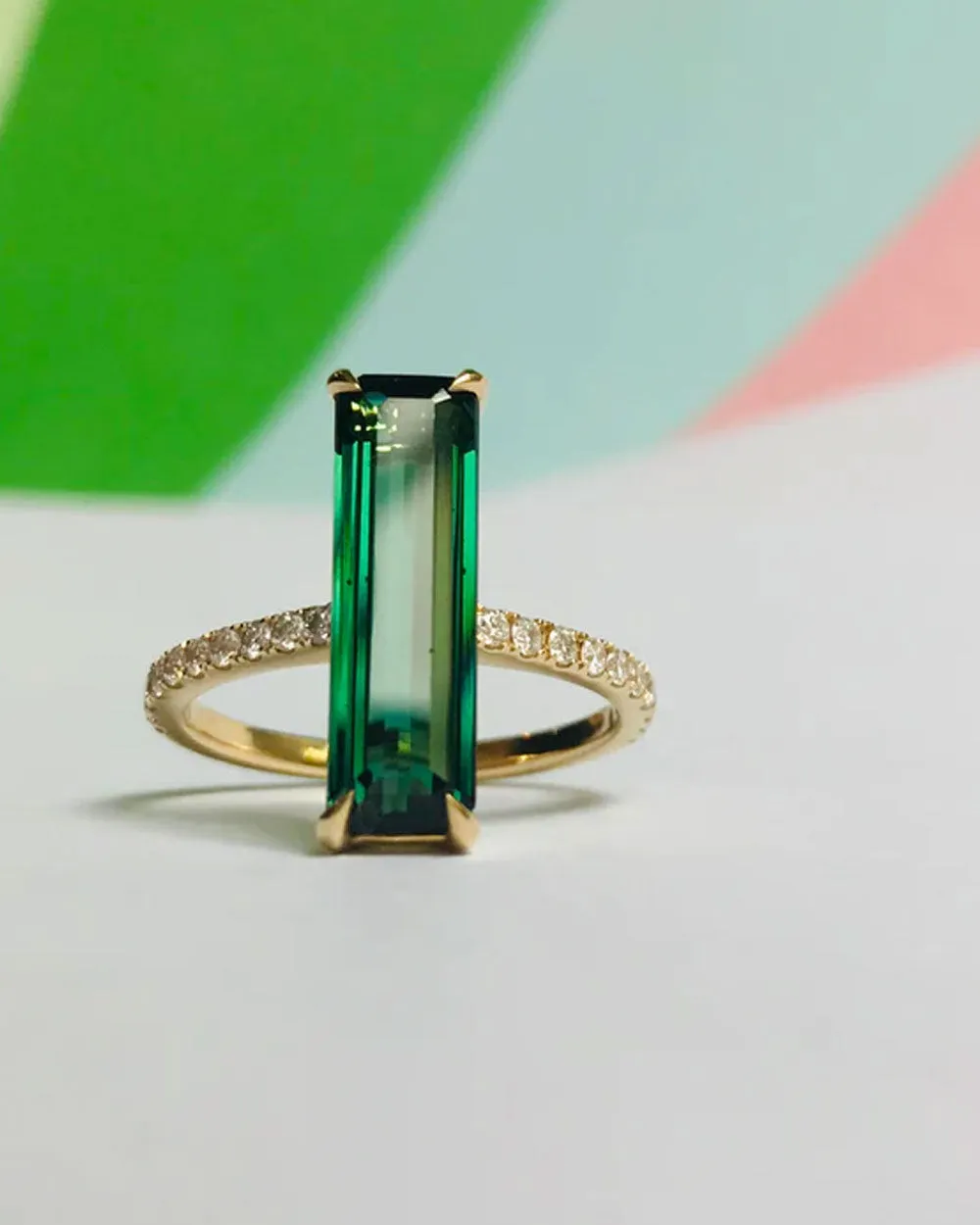 Green Tourmaline and Diamond Bar Ring