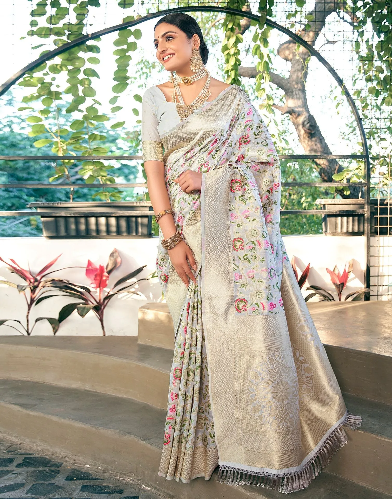 Grey Jacquard Silk Saree