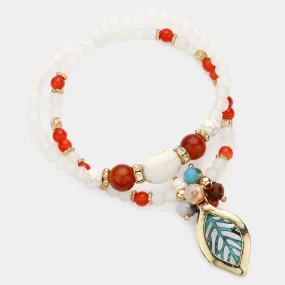 iLLASPARKZ Metal Leaf Pendant Natural Stone Beads Accented Glass Beaded Stretch Bracelet