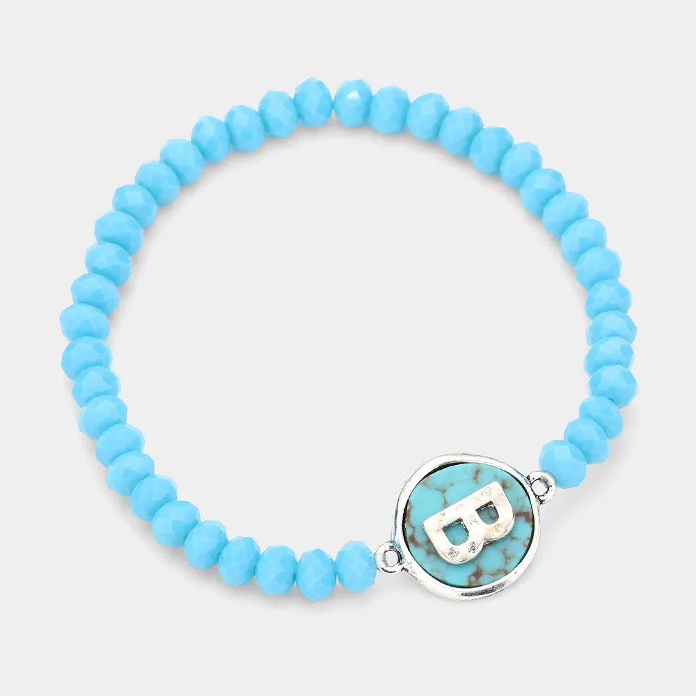 iLLASPARKZ -B- Monogram Turquoise Charm Faceted Beaded Stretch Bracelet