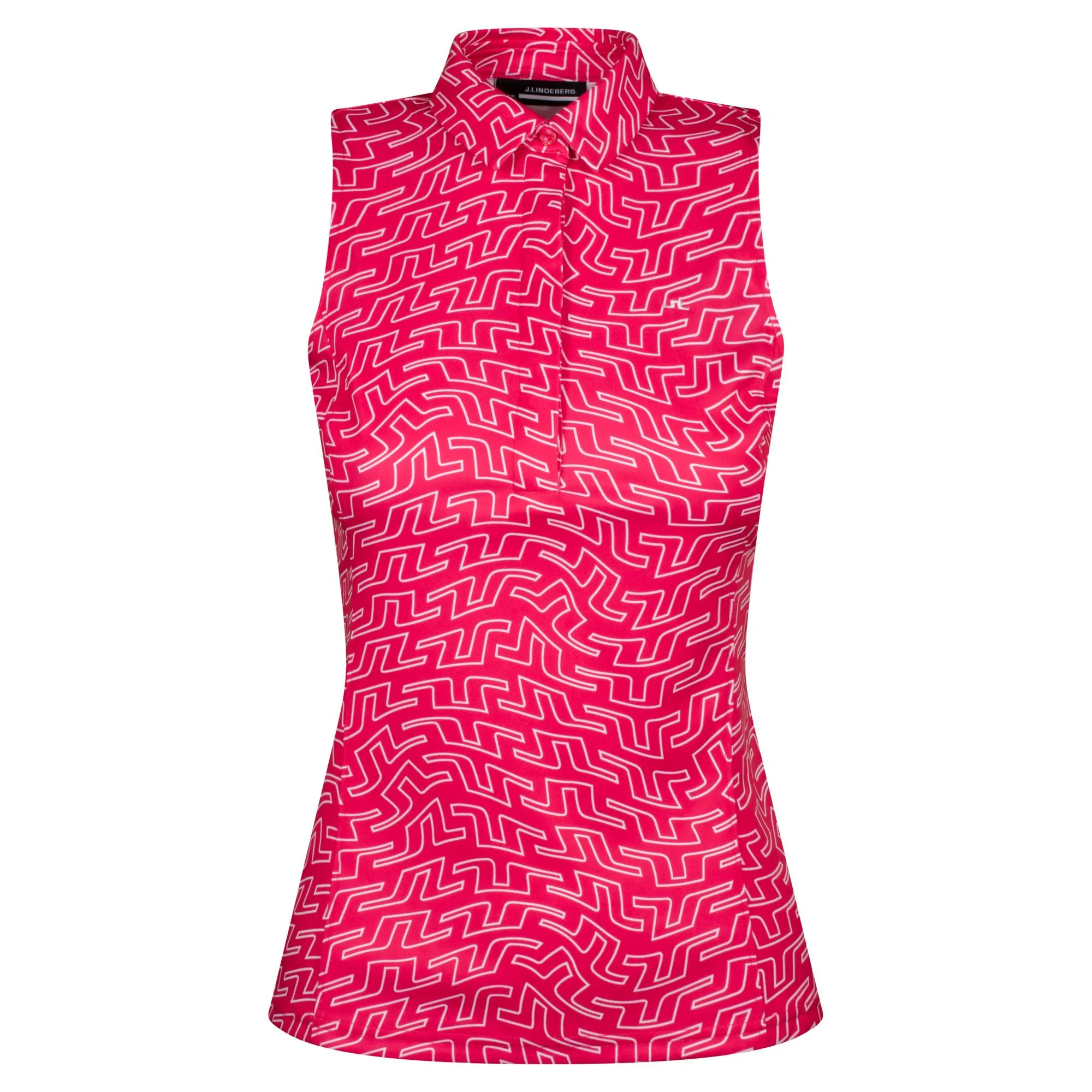 J Lindeberg Dena Print Ladies Sleeveless Golf Polo Azalea Outline Bridge