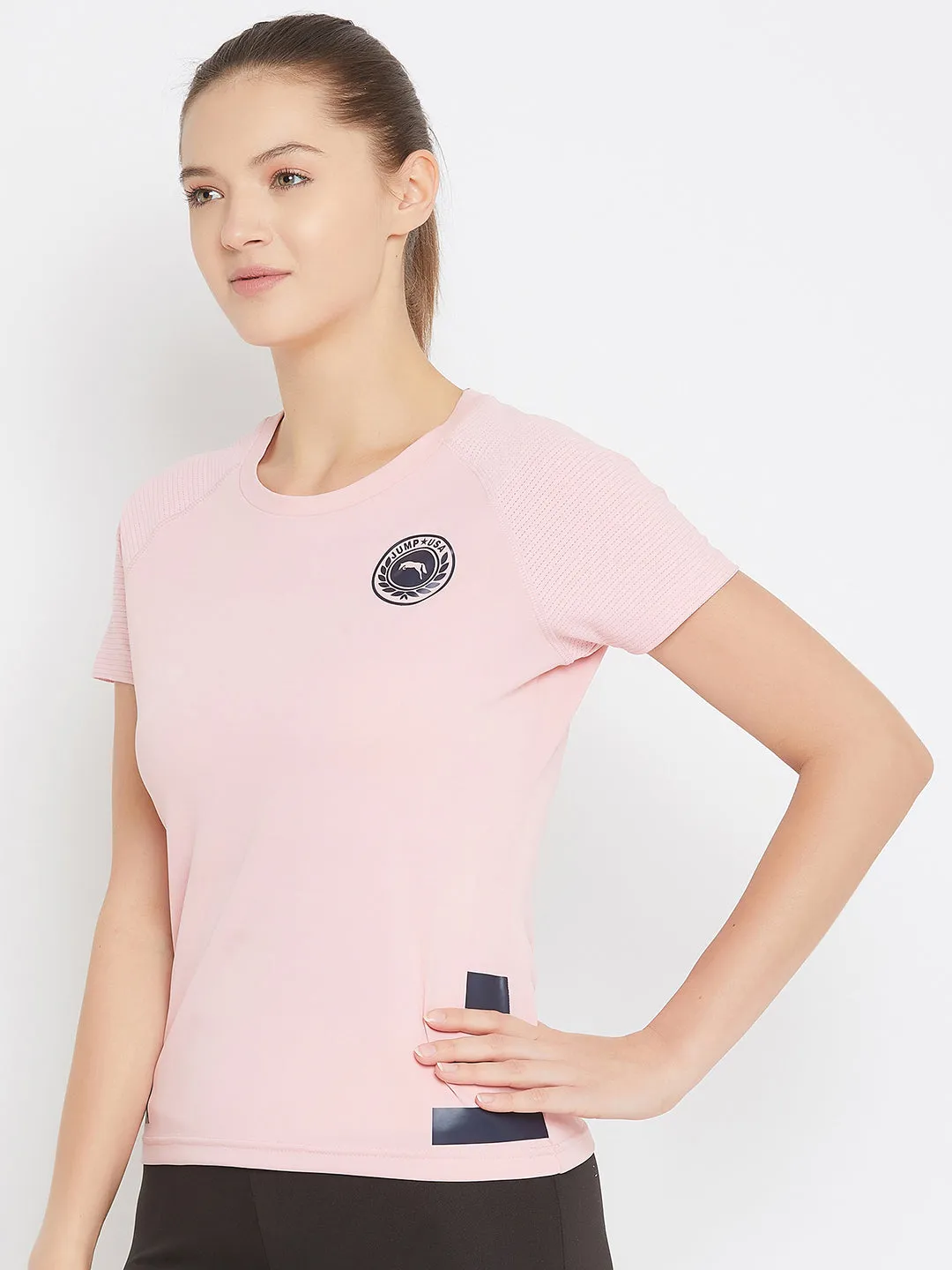 JUMP USA Women Pink Active Wear Round Neck T-shirt