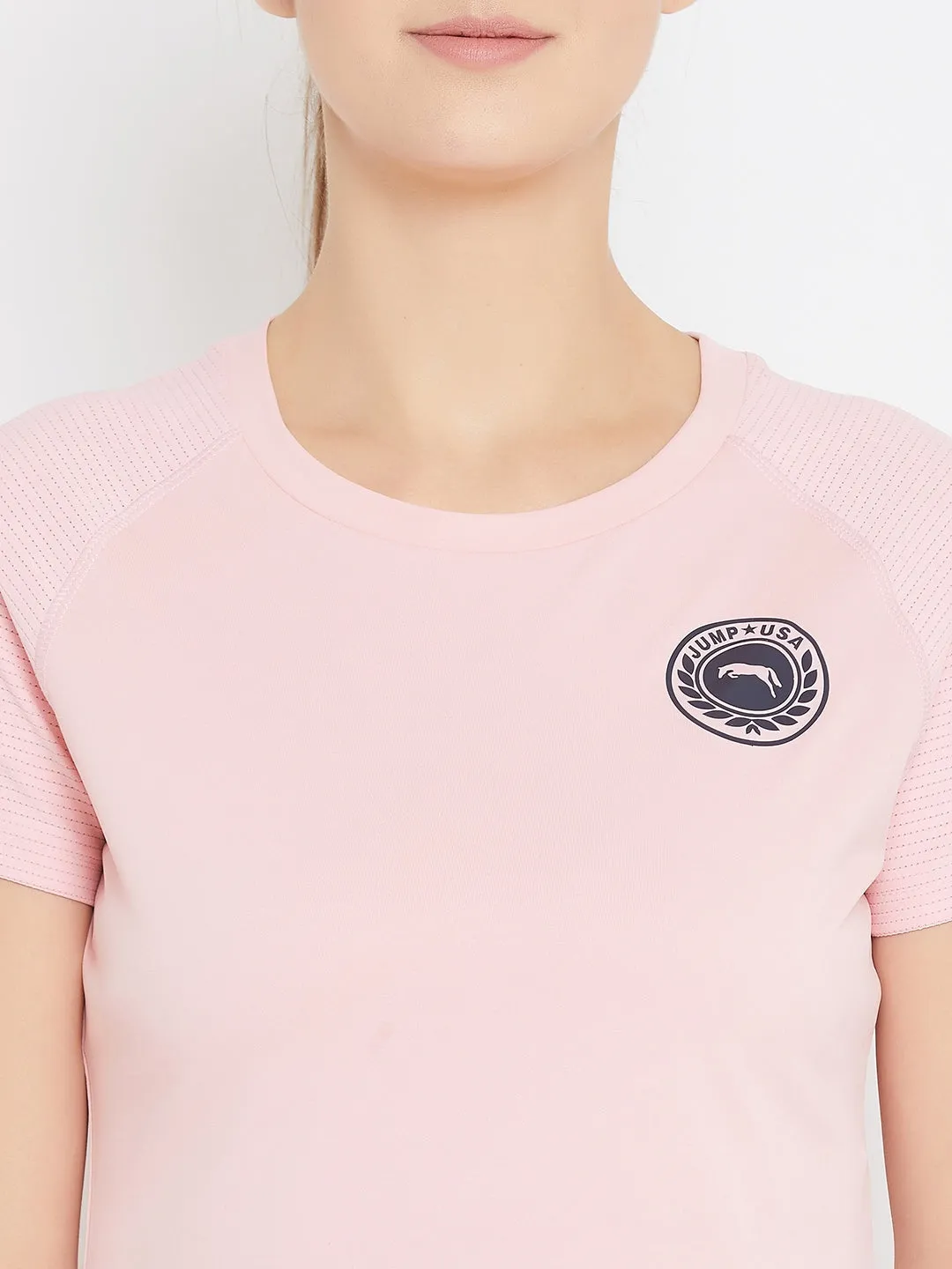 JUMP USA Women Pink Active Wear Round Neck T-shirt