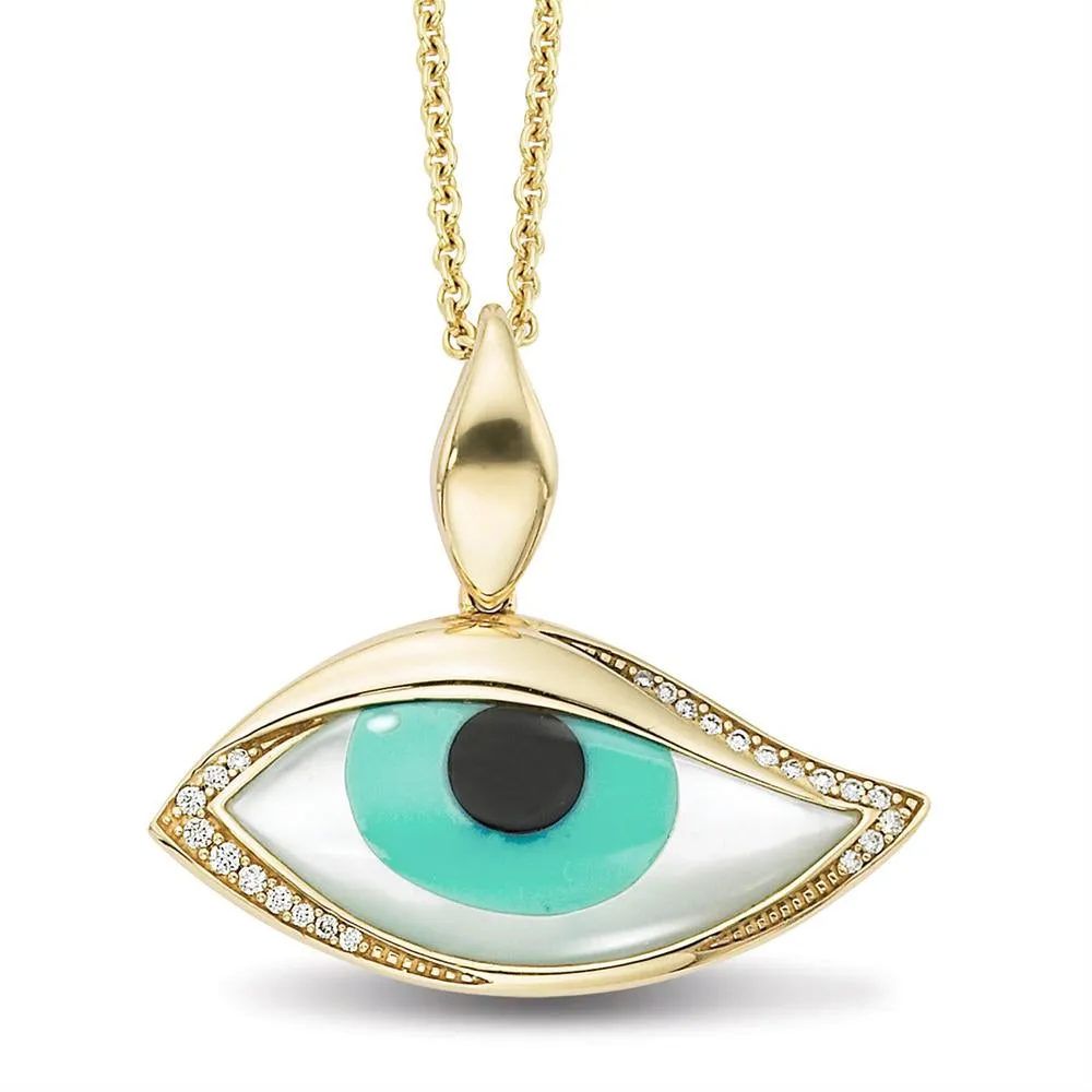 Kabana Kalo Mati 14k Yellow Gold Green Evil Eye Diamond Pendant GPCF485OXCPMW