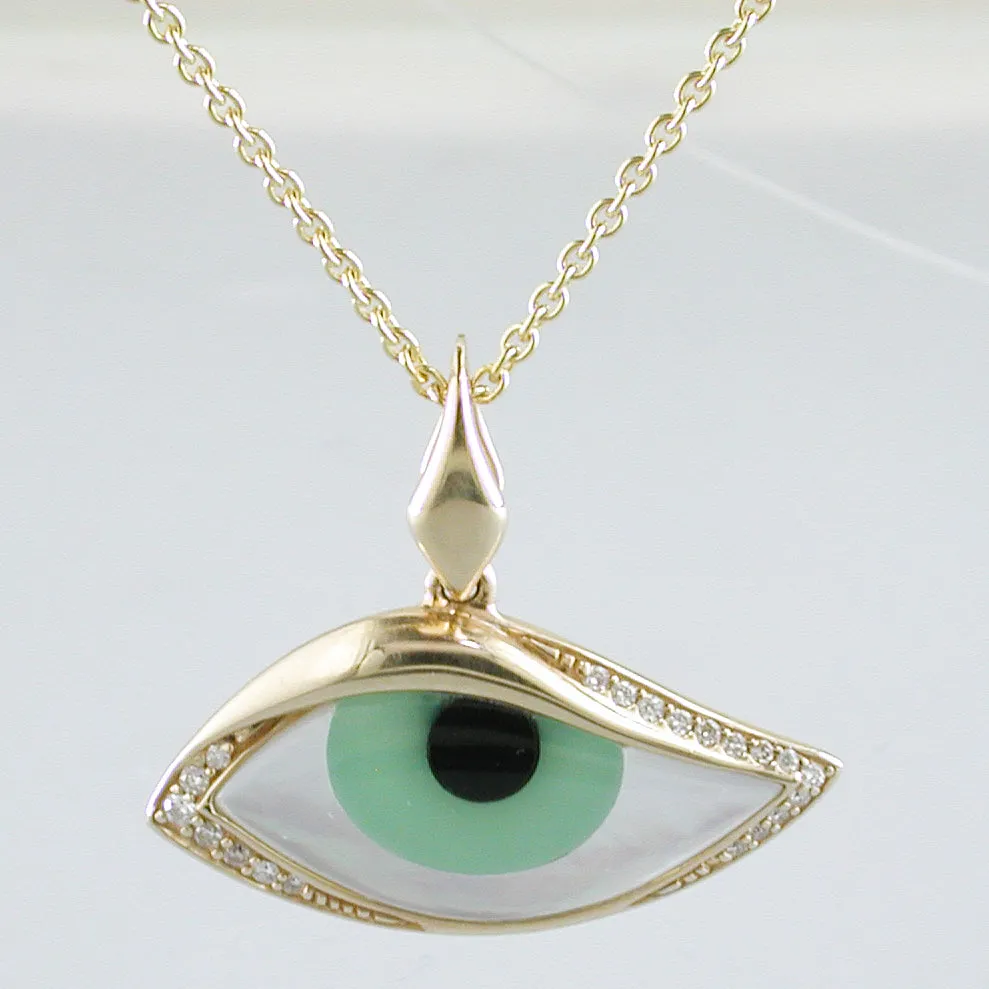 Kabana Kalo Mati 14k Yellow Gold Green Evil Eye Diamond Pendant GPCF485OXCPMW