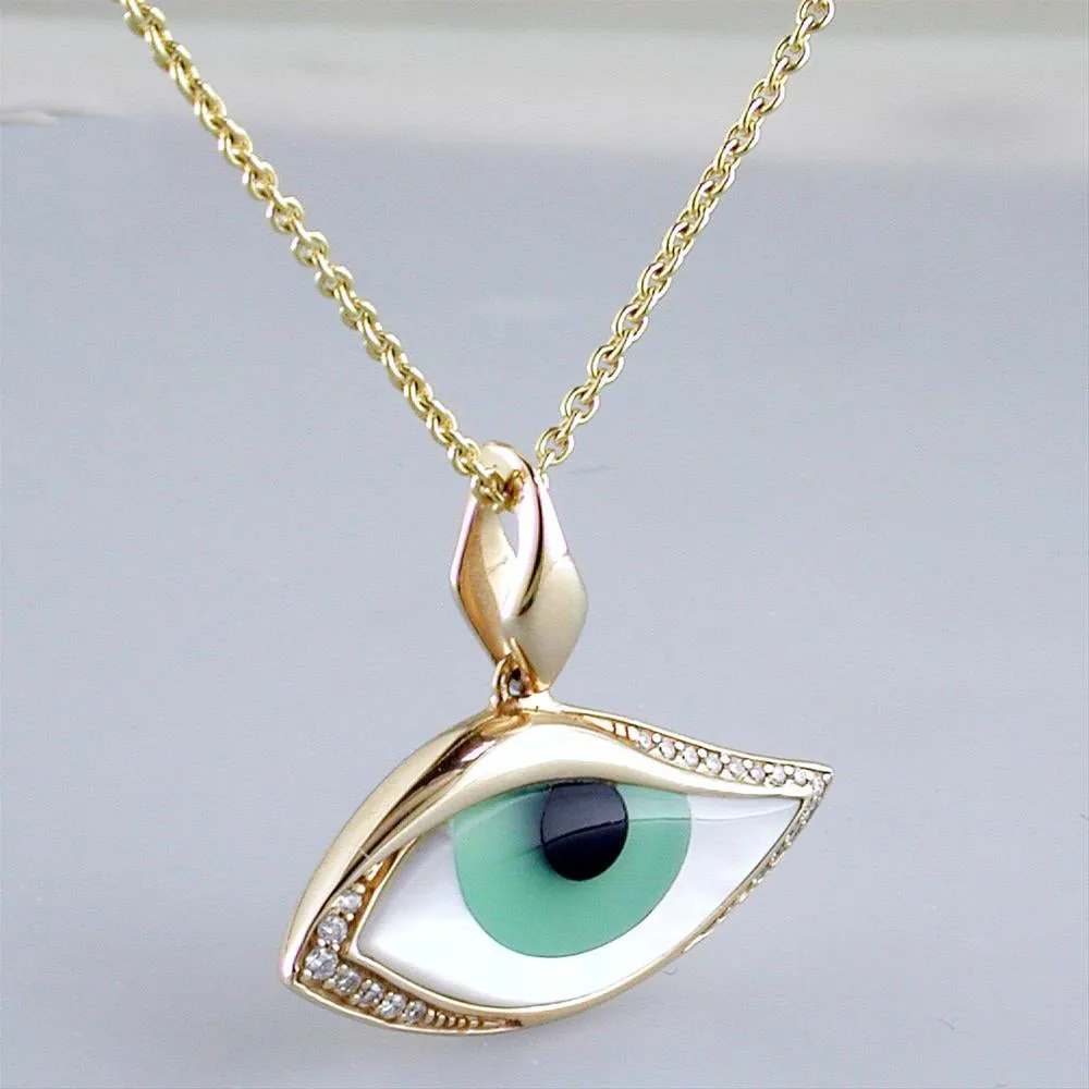 Kabana Kalo Mati 14k Yellow Gold Green Evil Eye Diamond Pendant GPCF485OXCPMW