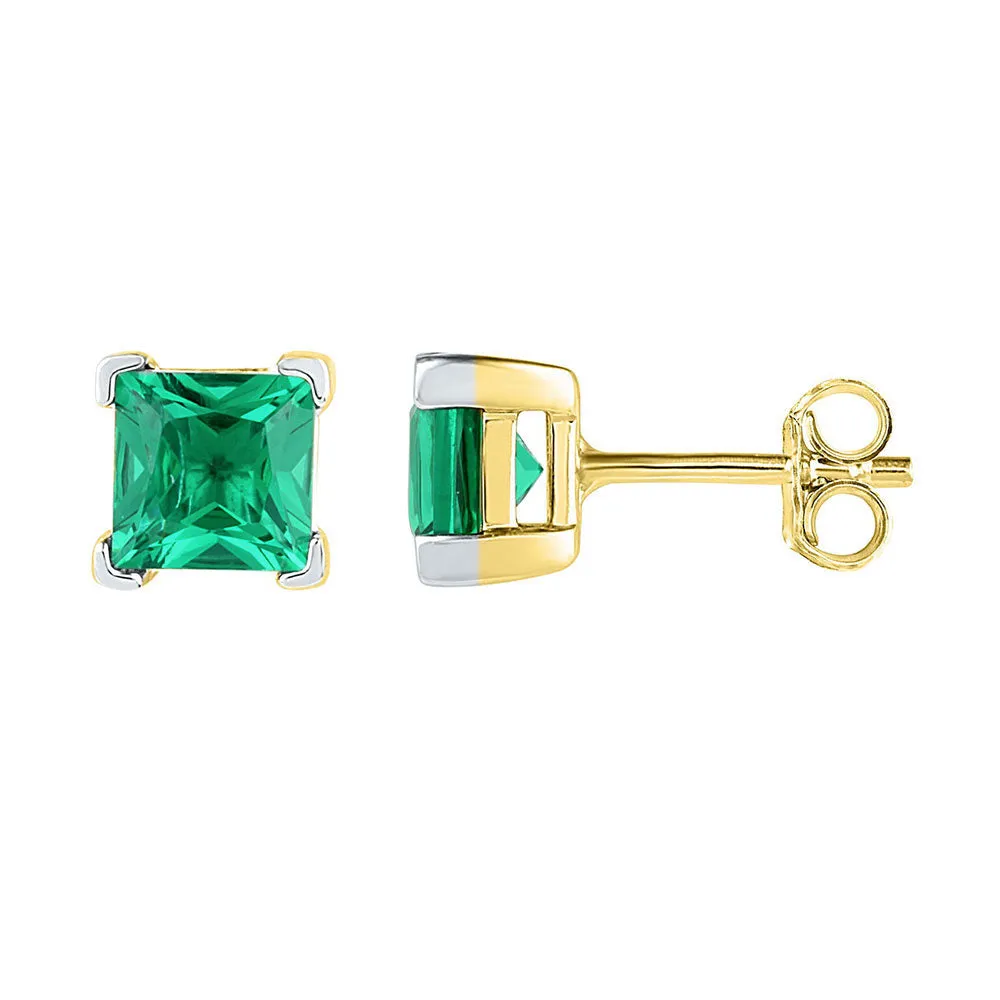 Keene Jewelers 10kt Yellow Gold Womens Princess Lab-Created Emerald Solitaire Earrings 2 Cttw