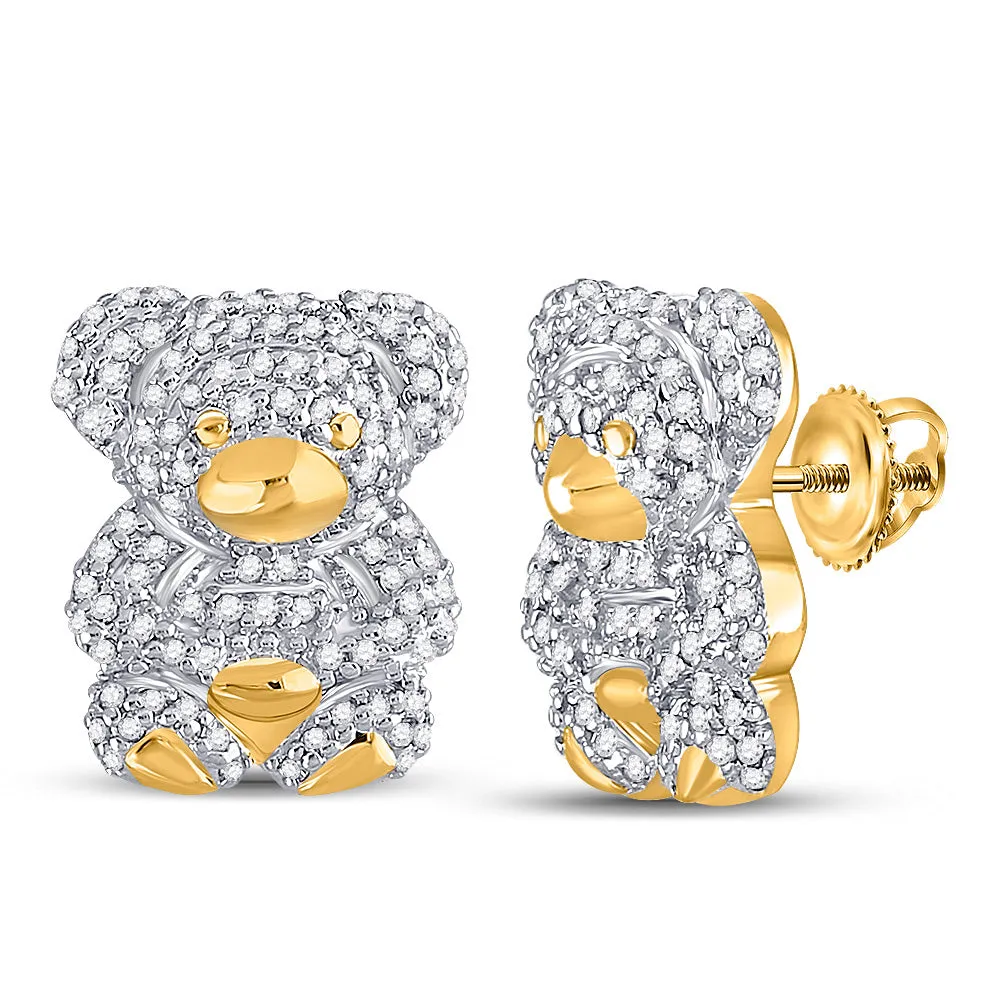 Keene Jewelers 10kt Yellow Gold Womens Round Diamond Teddy Bear Animal Earrings 1/2 Cttw