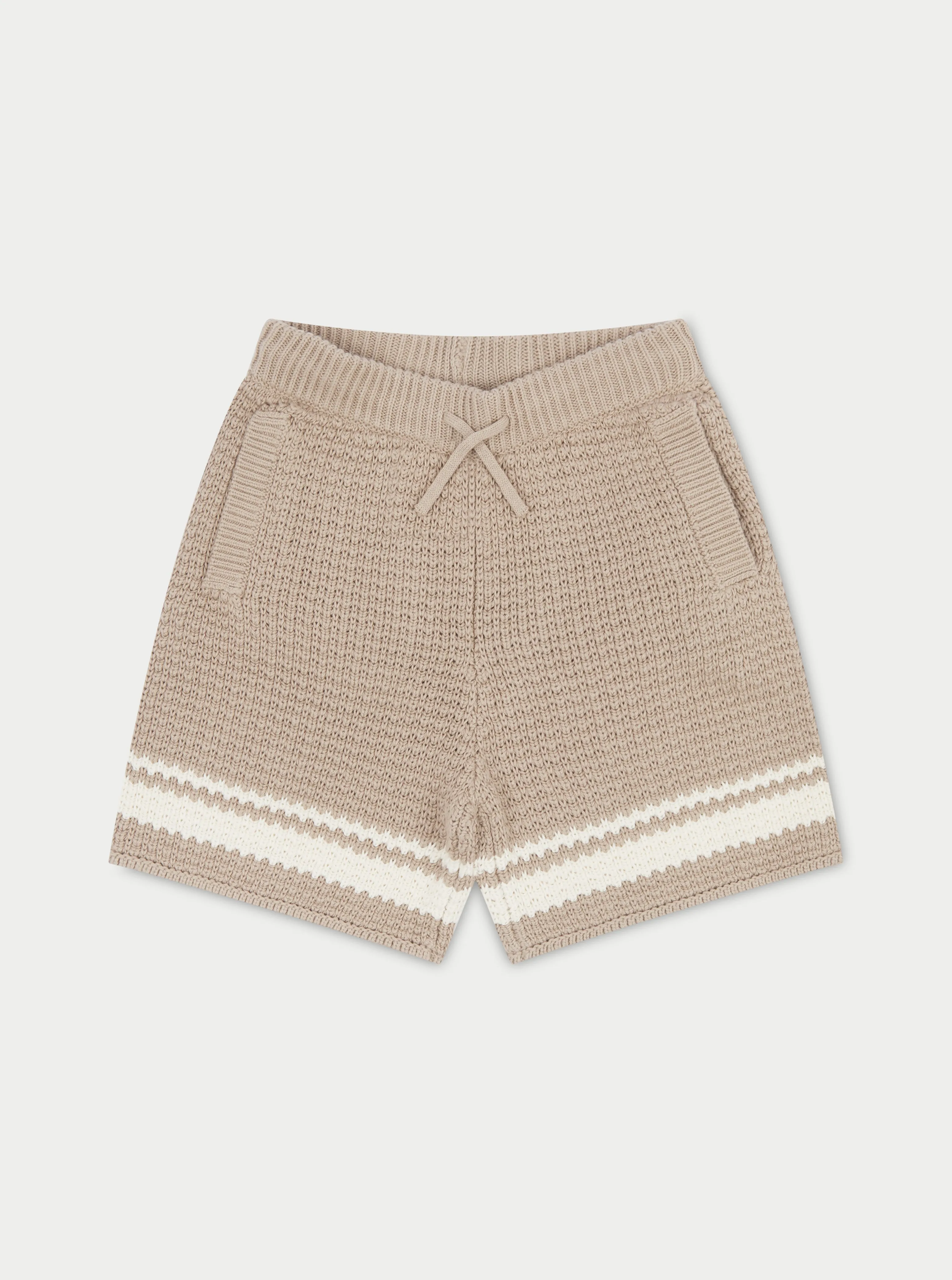 KIDS CROCHET KNITTED CONTRAST STRIPE SHORTS - BROWN