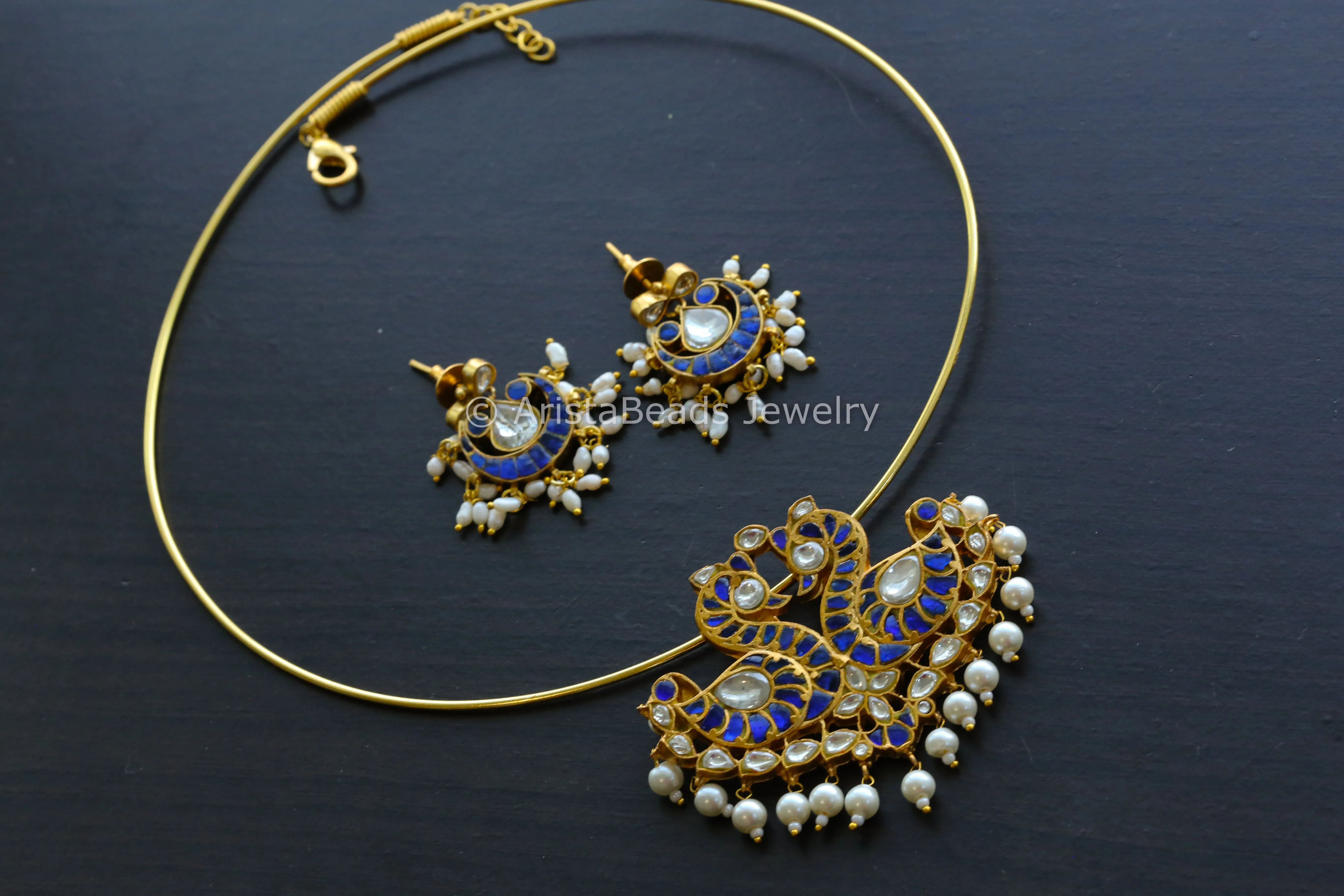 Kundan Jadau Blue Peacock Hasli Necklace (Removable)