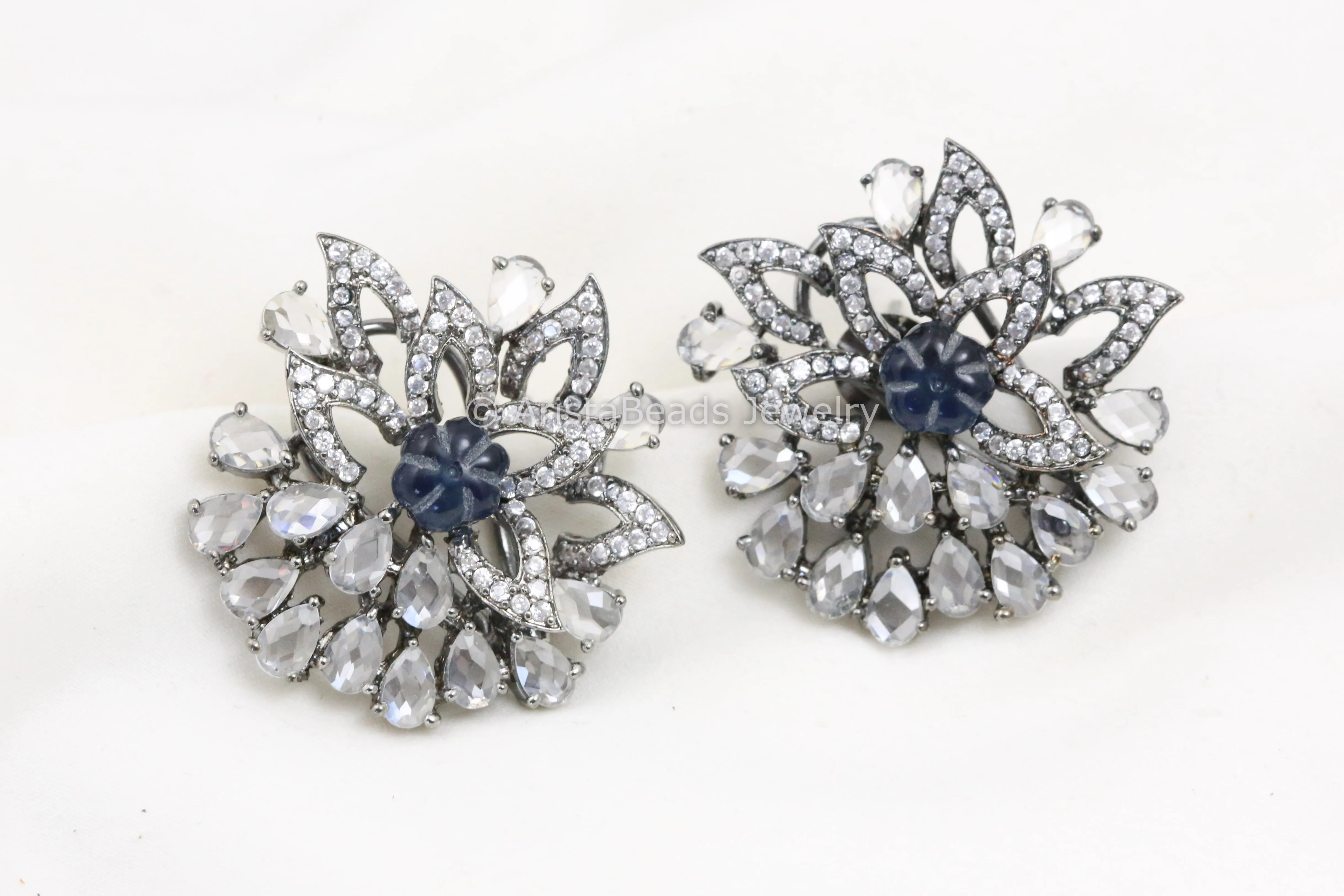 Large CZ Polki Victorian Studs - Blue