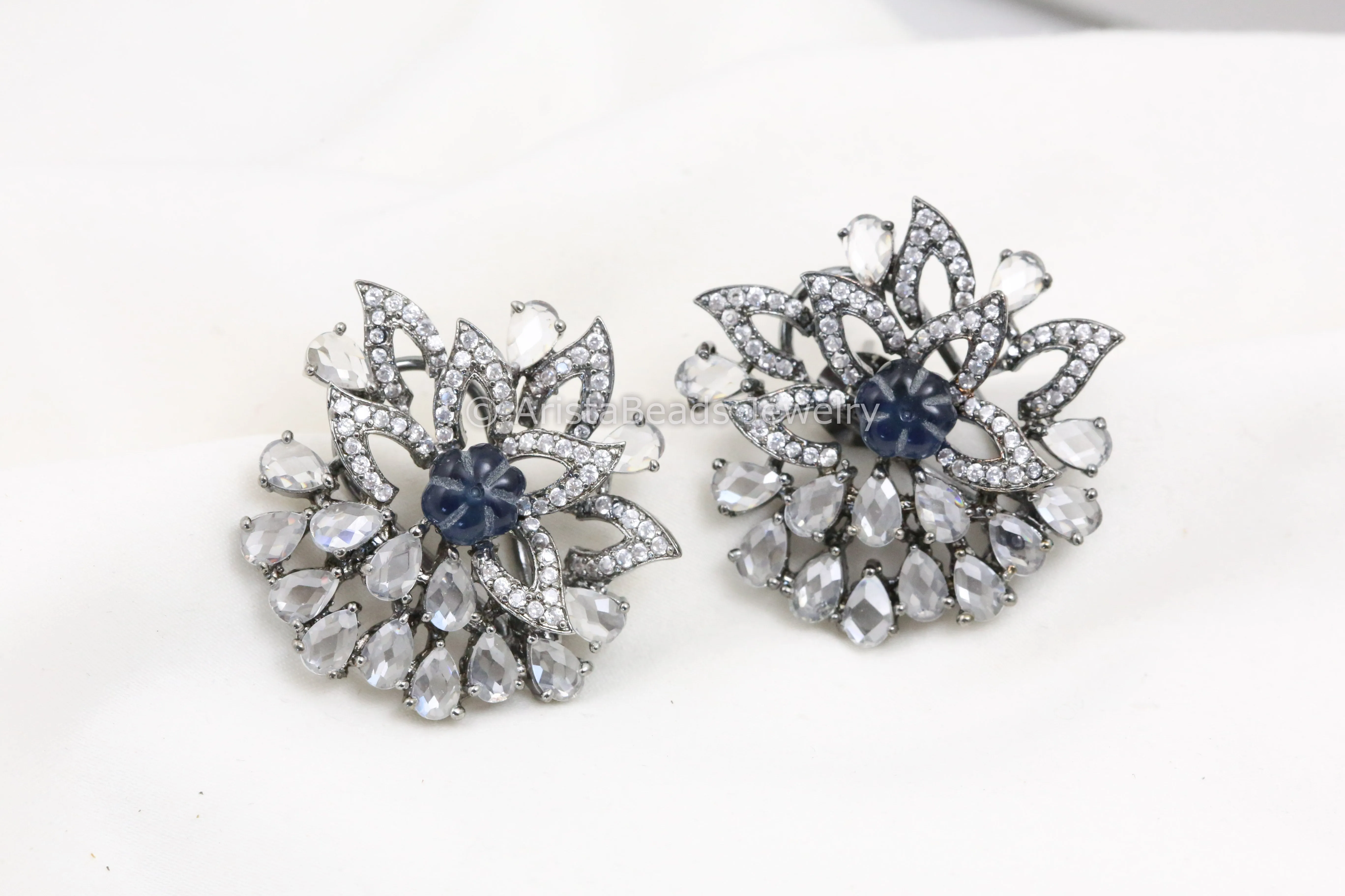 Large CZ Polki Victorian Studs - Blue