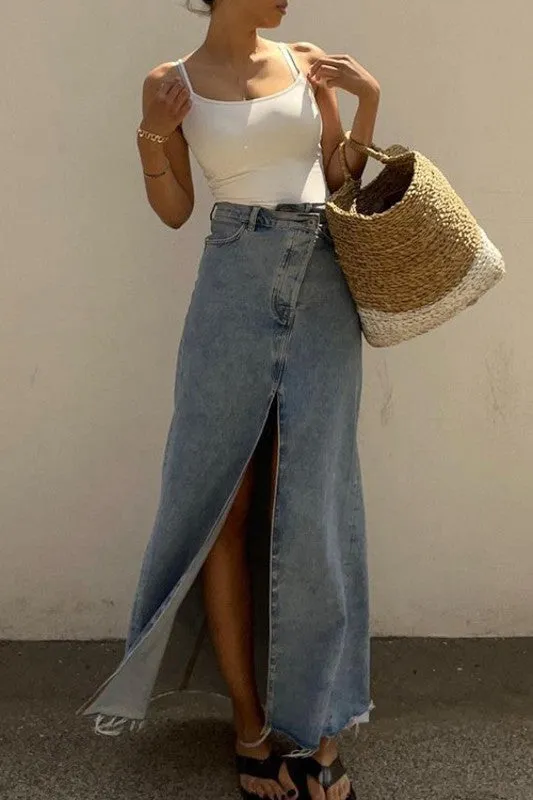 Long Maxi High Waisted Denim Skirt With Slit